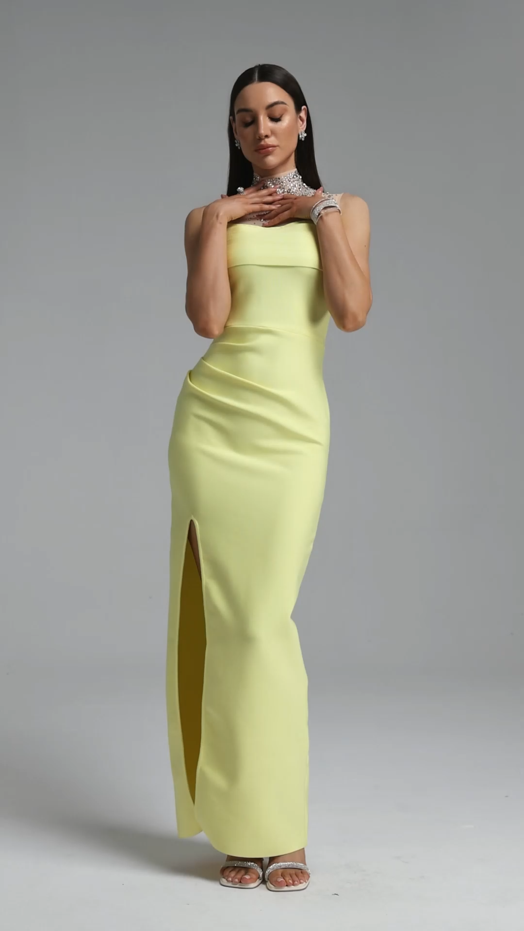 Siola Luxury High Neck Rhinestone Slit Bandage Maxi Dress
