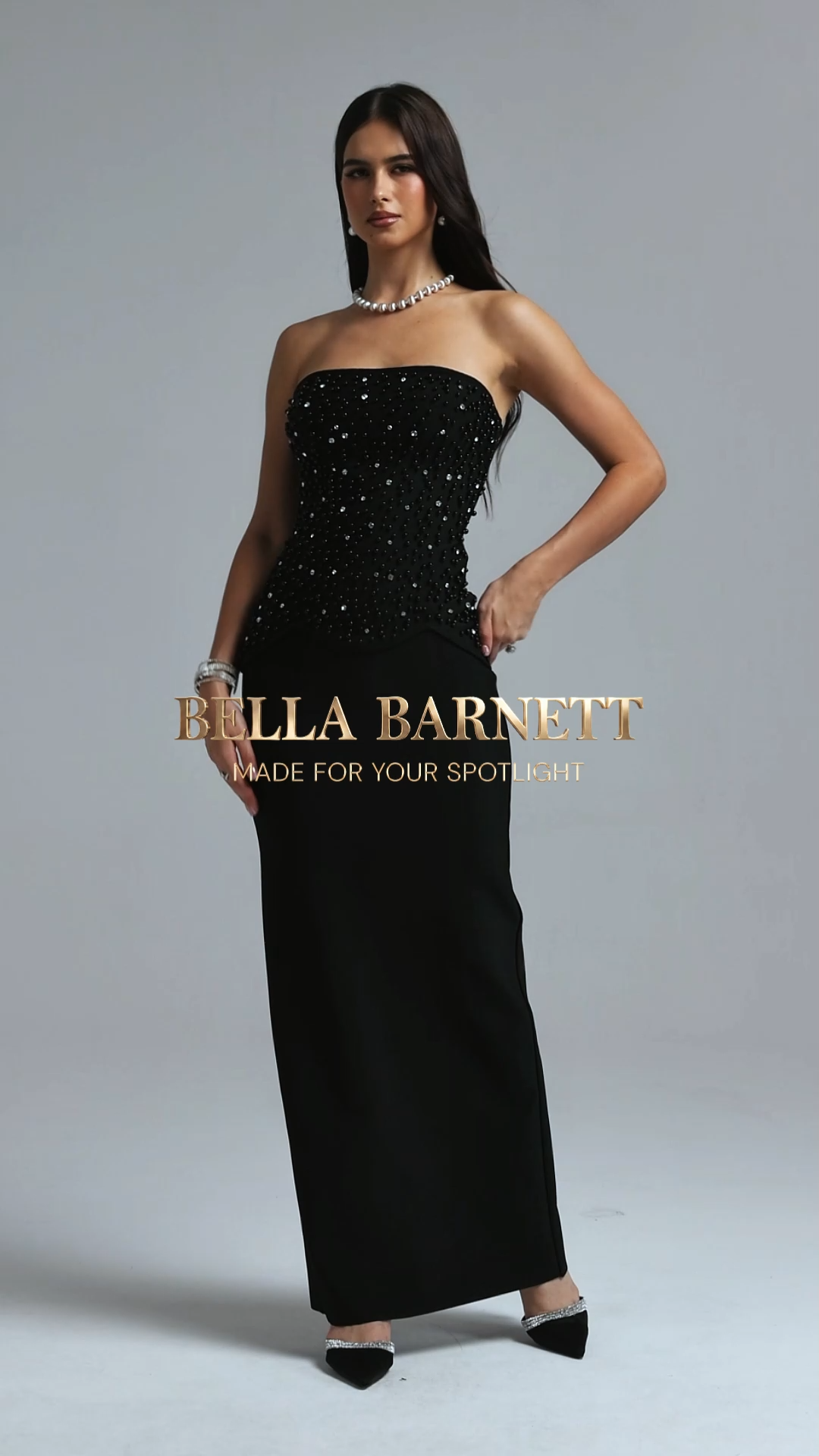 Yette Chic Contour Strapless Beaded Black Bandage Maxi Top and Skirt Set
