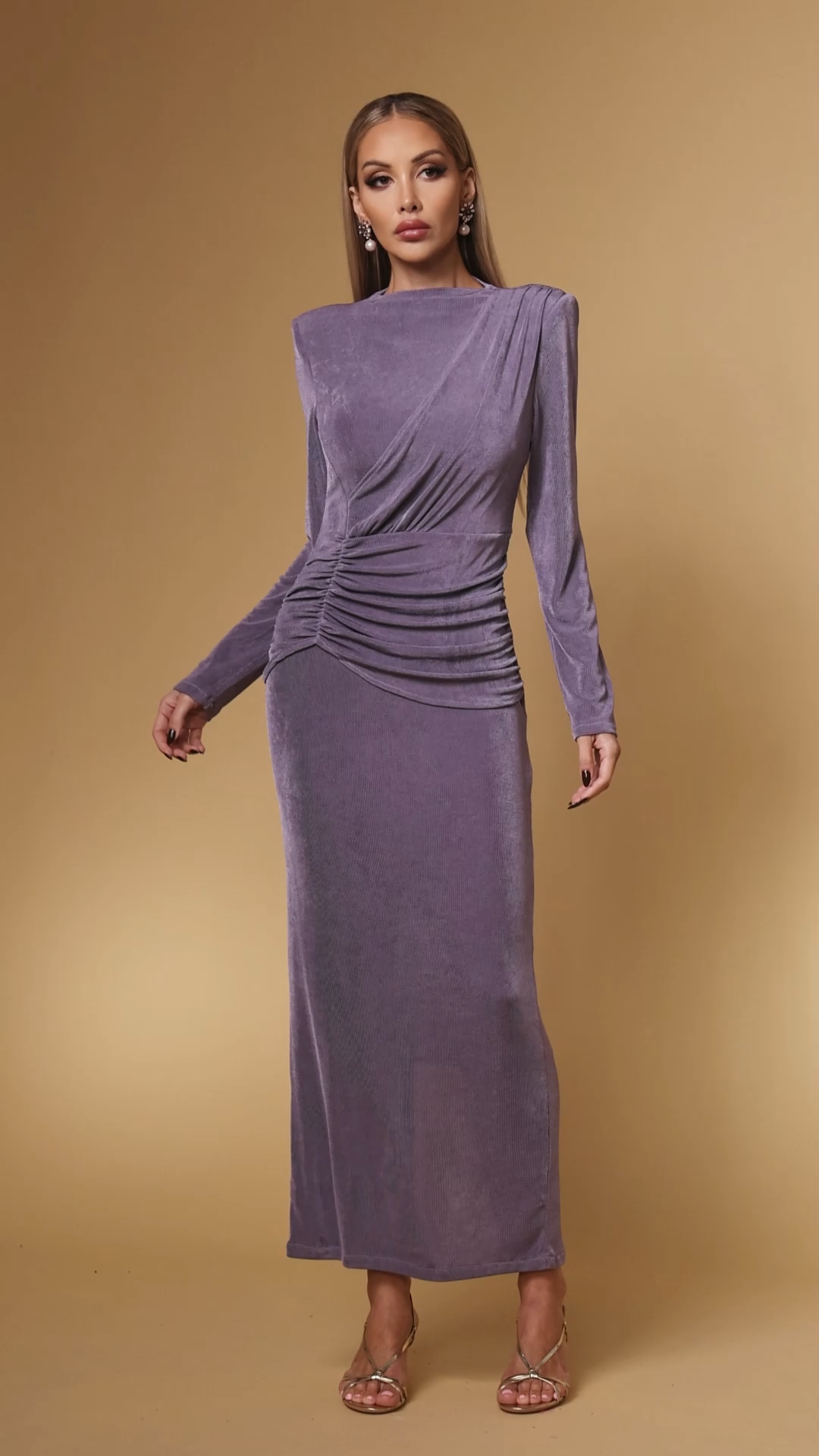 Paomi Elegant Contour Long Sleeve Ruched Maxi Dress