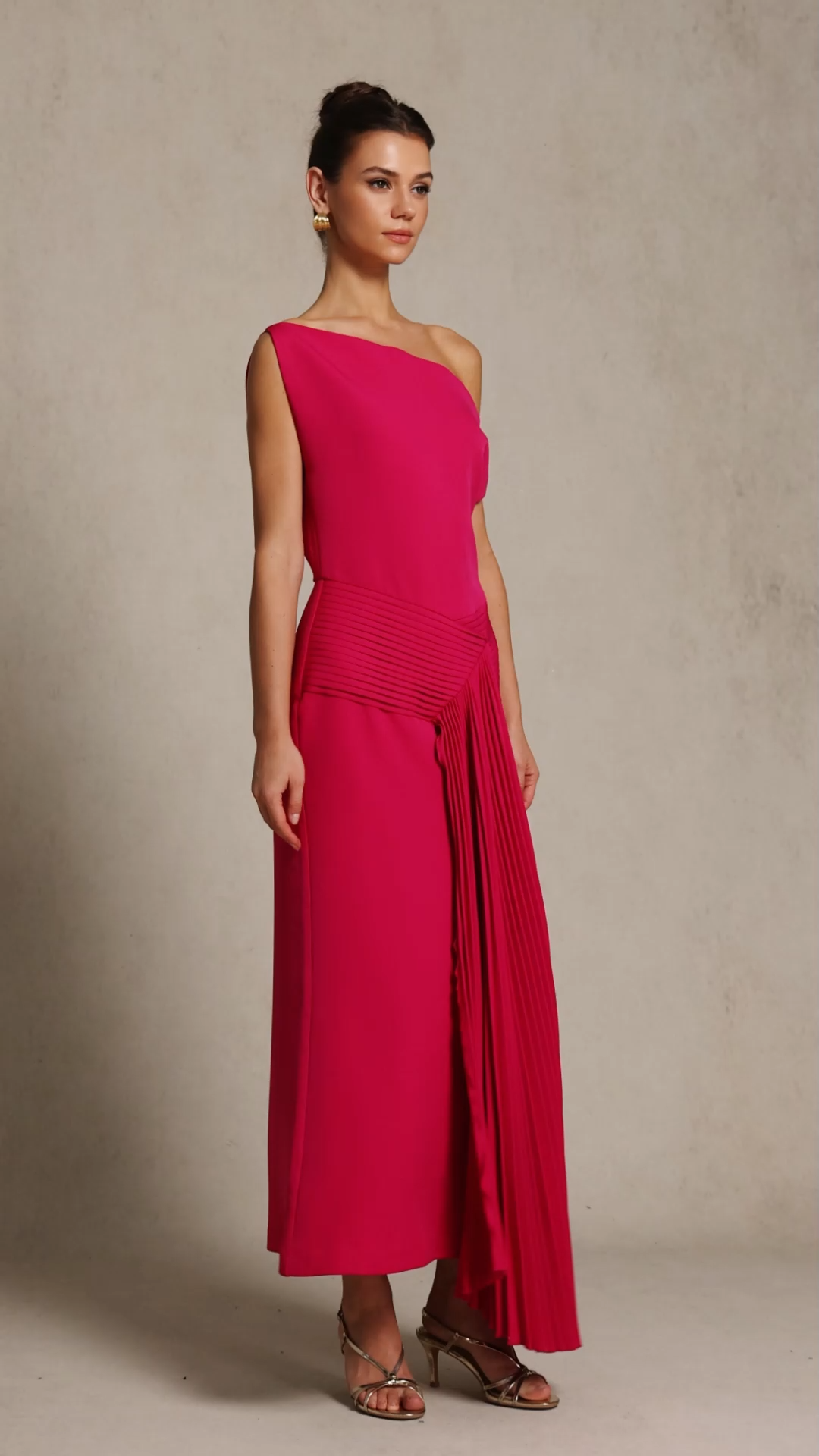 Paulina Oblique Shoulder Sleeveless Folds RosePink Midi Dress