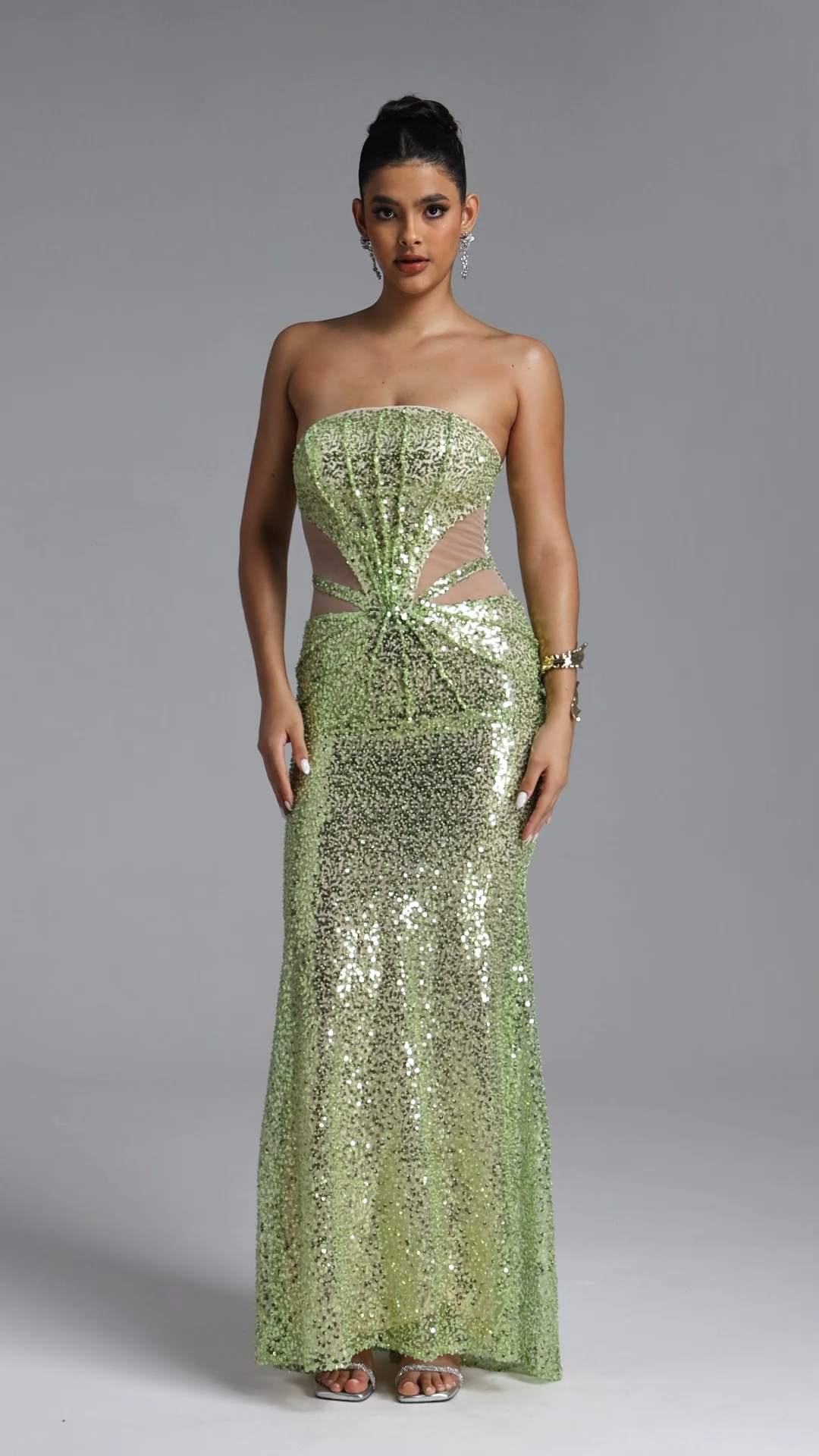 Kerlin Elegant Contour Strapless Cut Out Sequin Maxi Dress