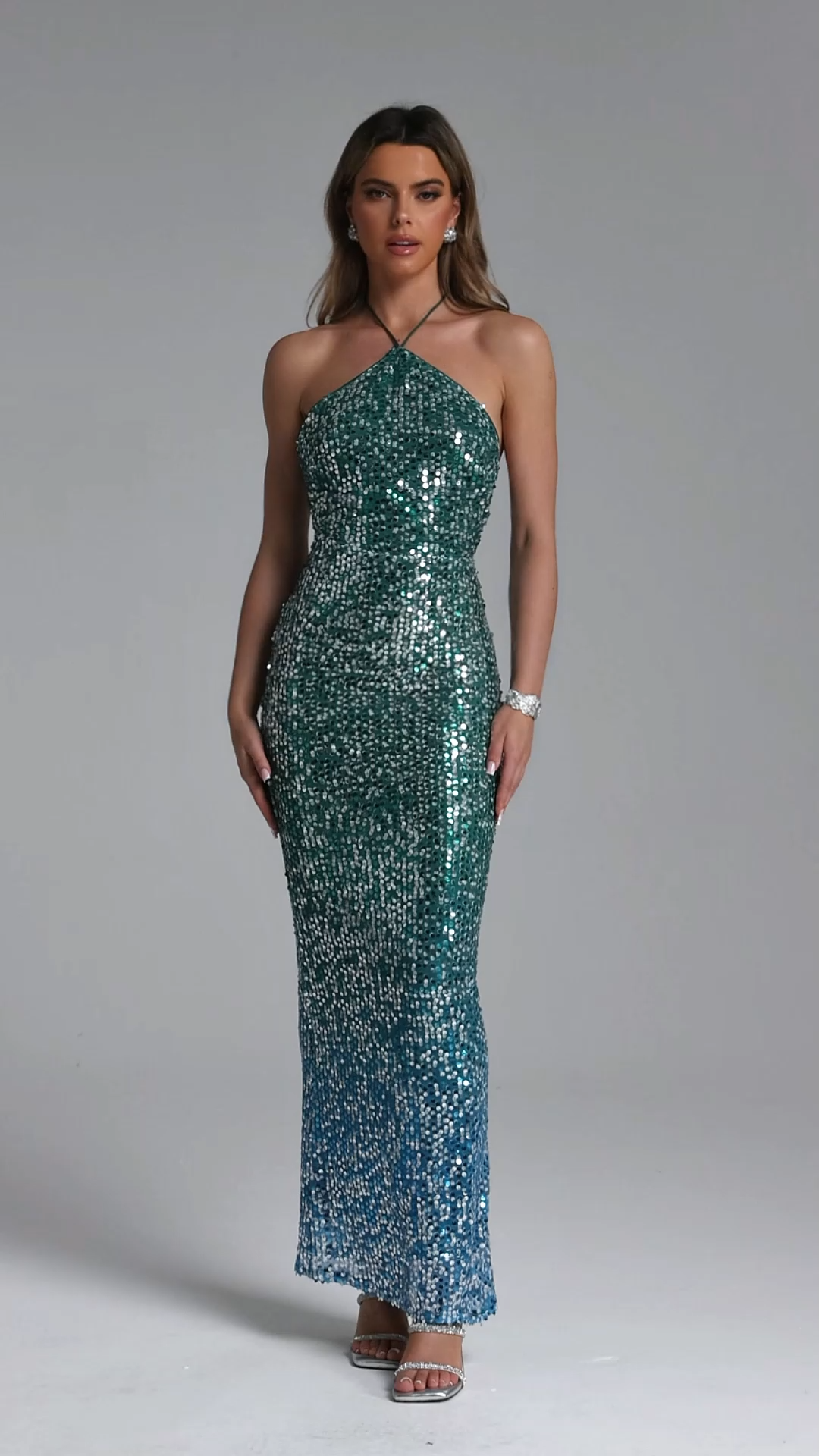 Viki Chic Contour Halter Sequin Maxi Dress