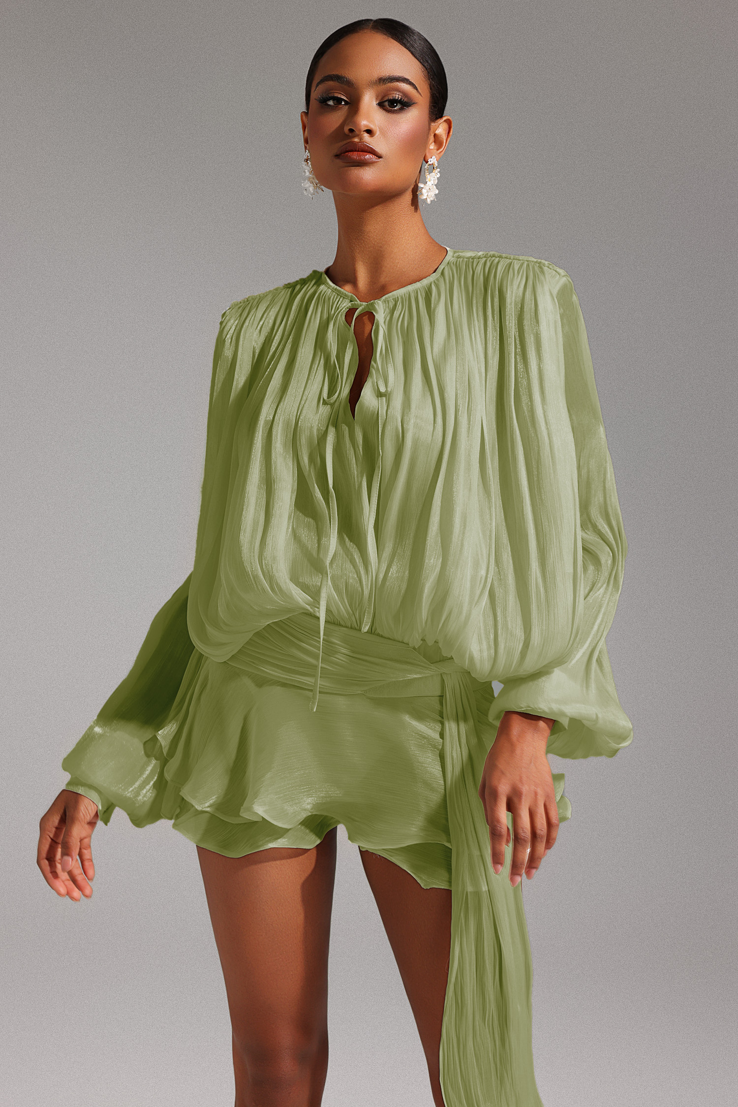 Dekia Long Sleeves Hollow Out Flounce Mini Dress