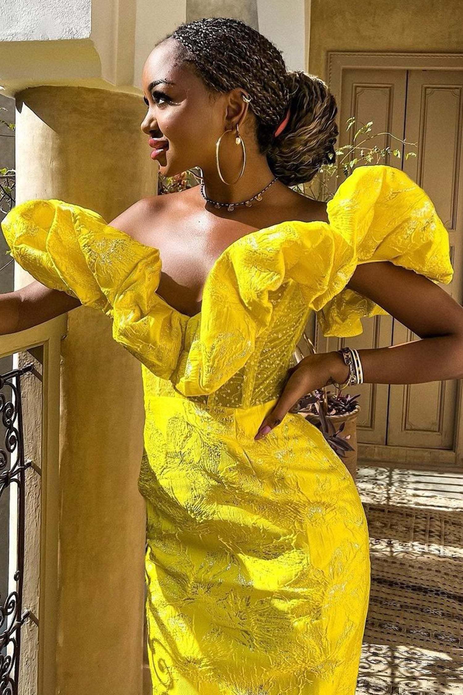 Jacquard Off Shoulder Midi Dress - Yellow