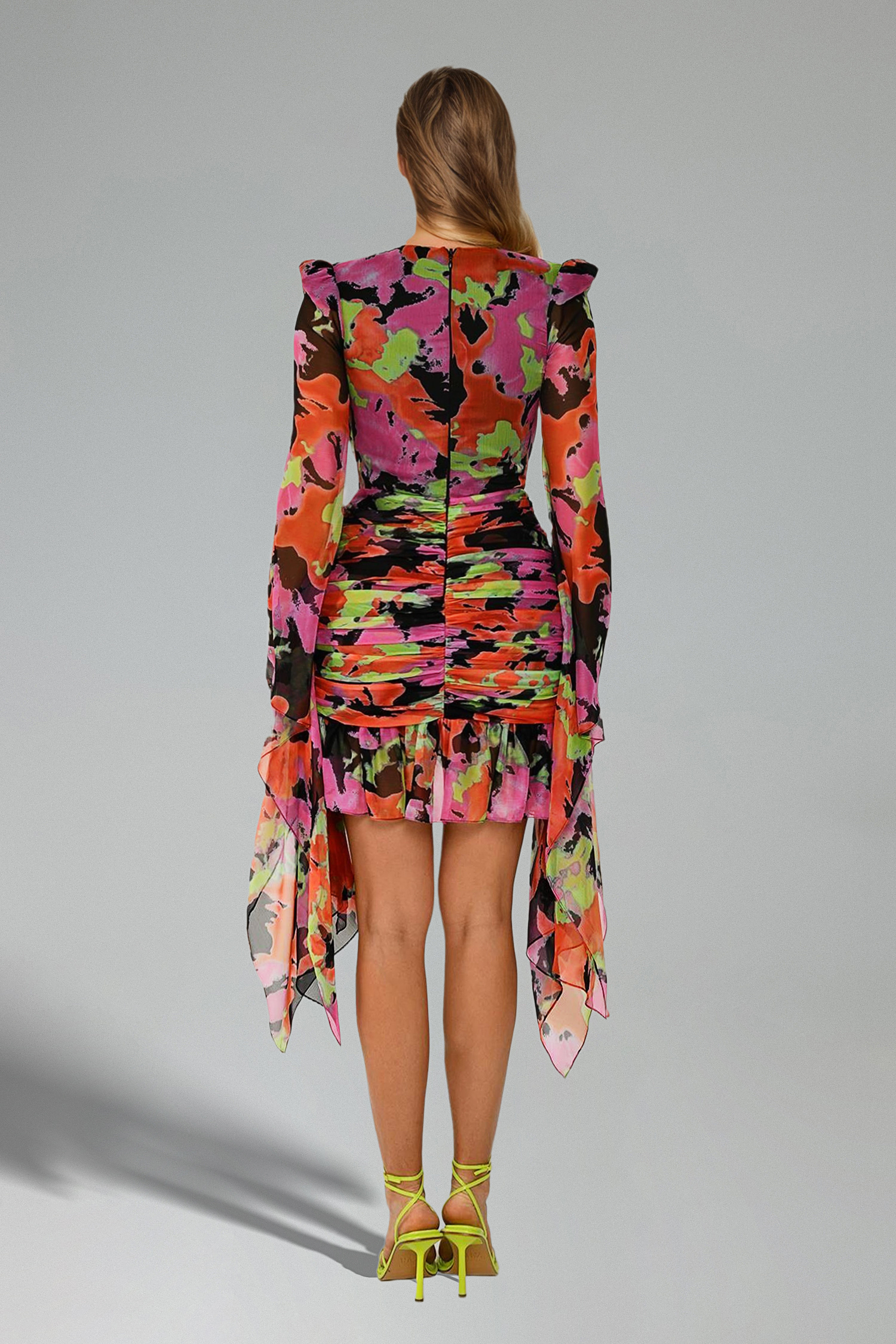 Hena Flower Print Mesh Flared Mini Dress - Floral