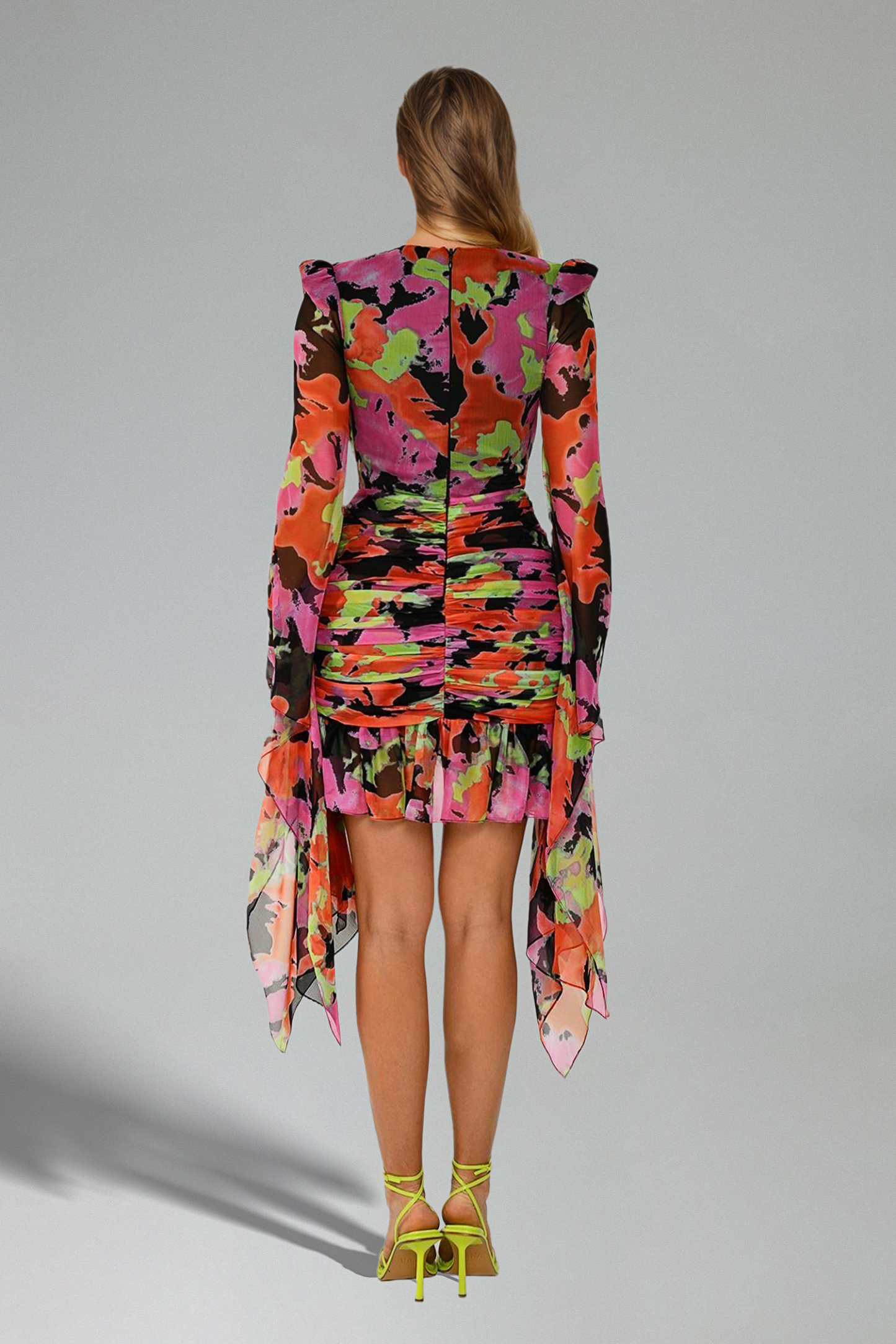 Hena Flower Print Mesh Flared Mini Dress - Floral