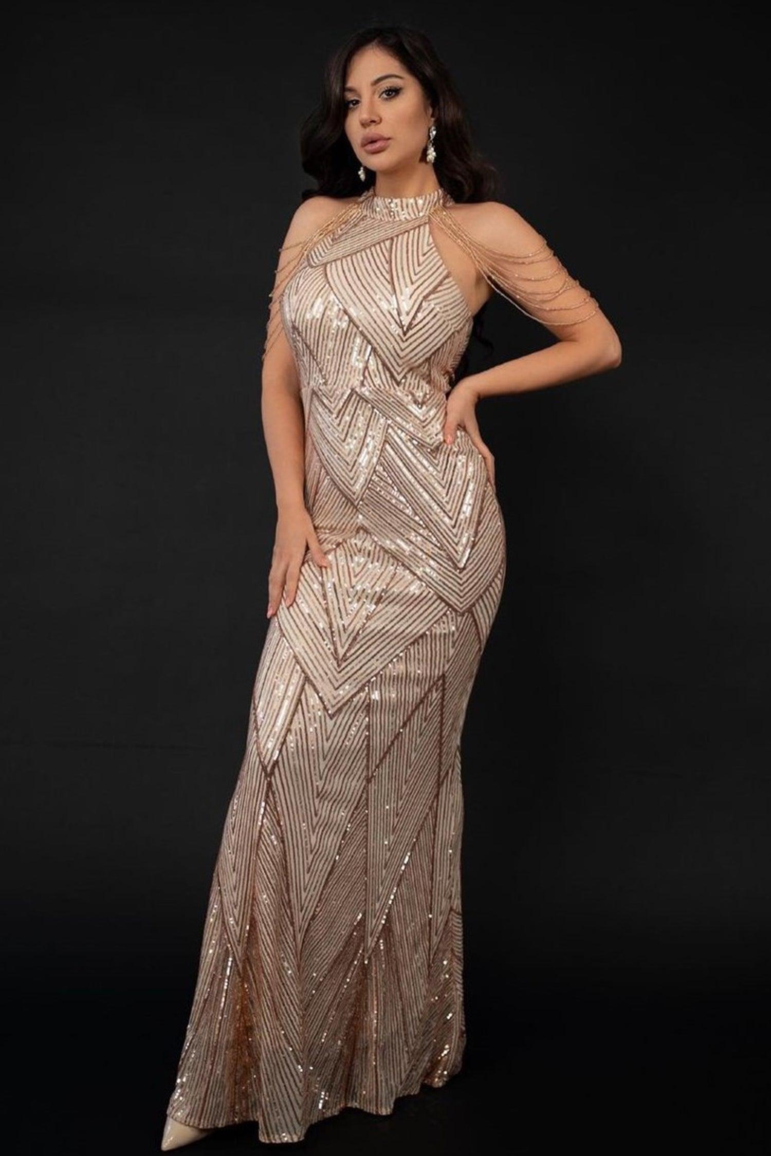 Sequin Halterneck Maxi Mermaid Prom Dress - Champagne