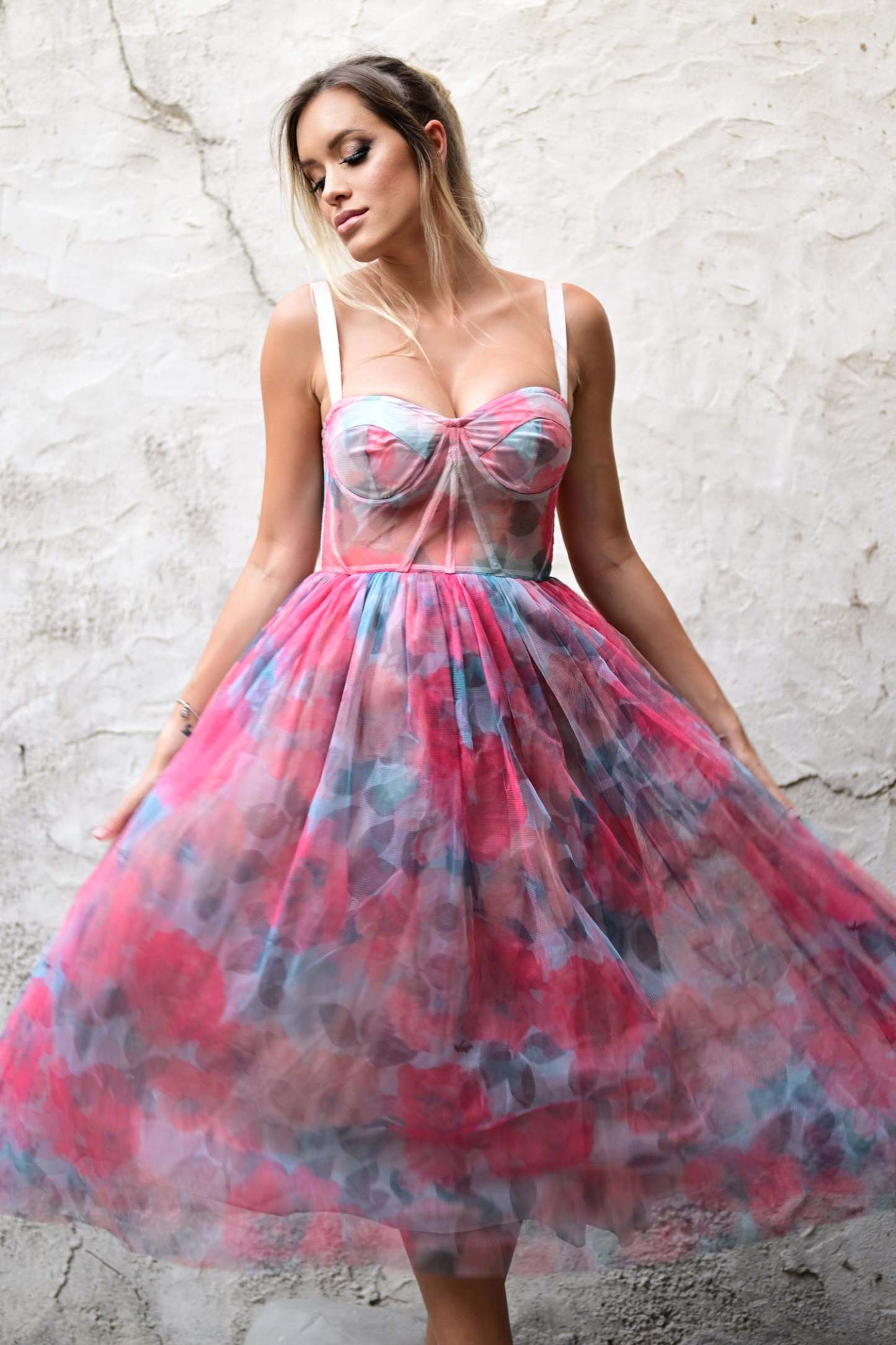 Pink Floral Mesh Midi Dress