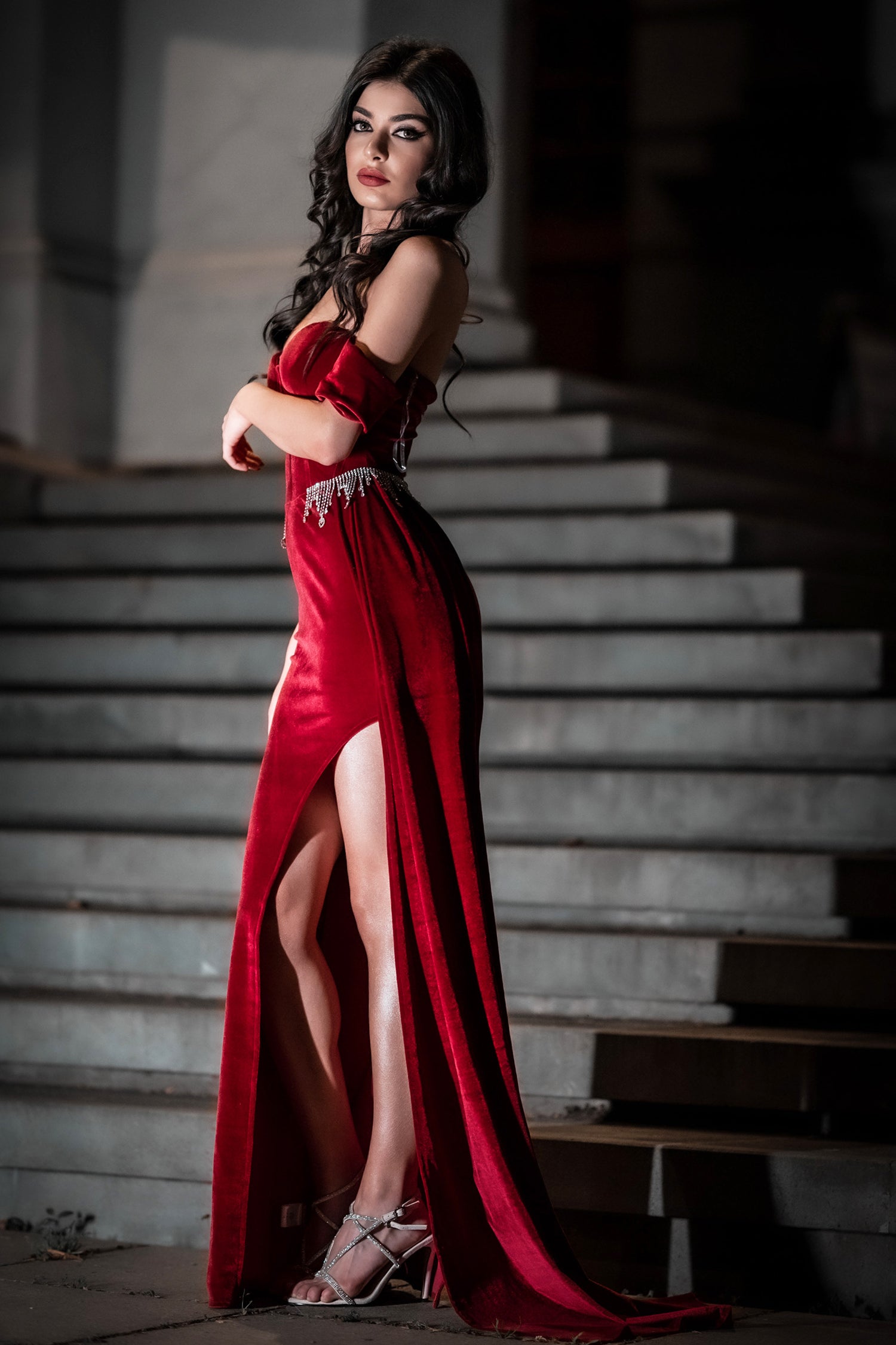 Velvet Off Shoulder Rhinestone Evening Gown - Red