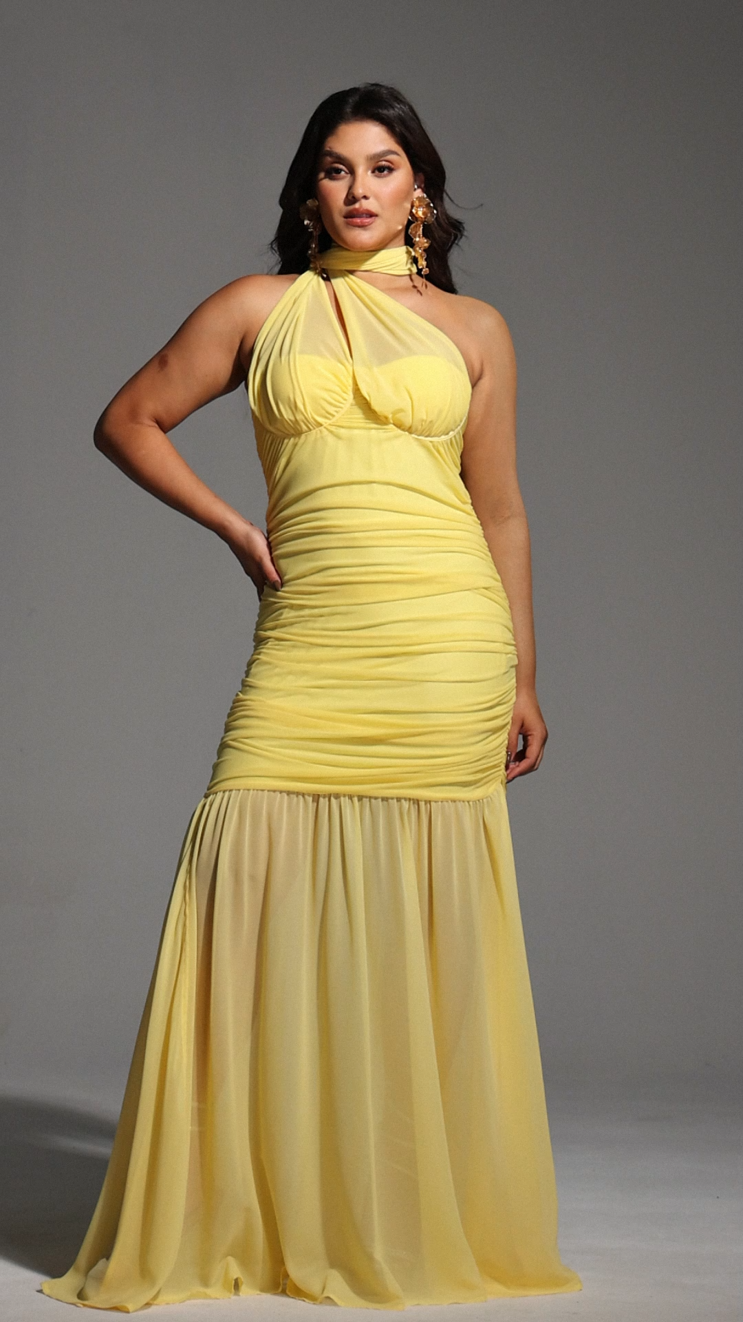 Ulasa Sleeveless Ruched Mesh Maxi Dress