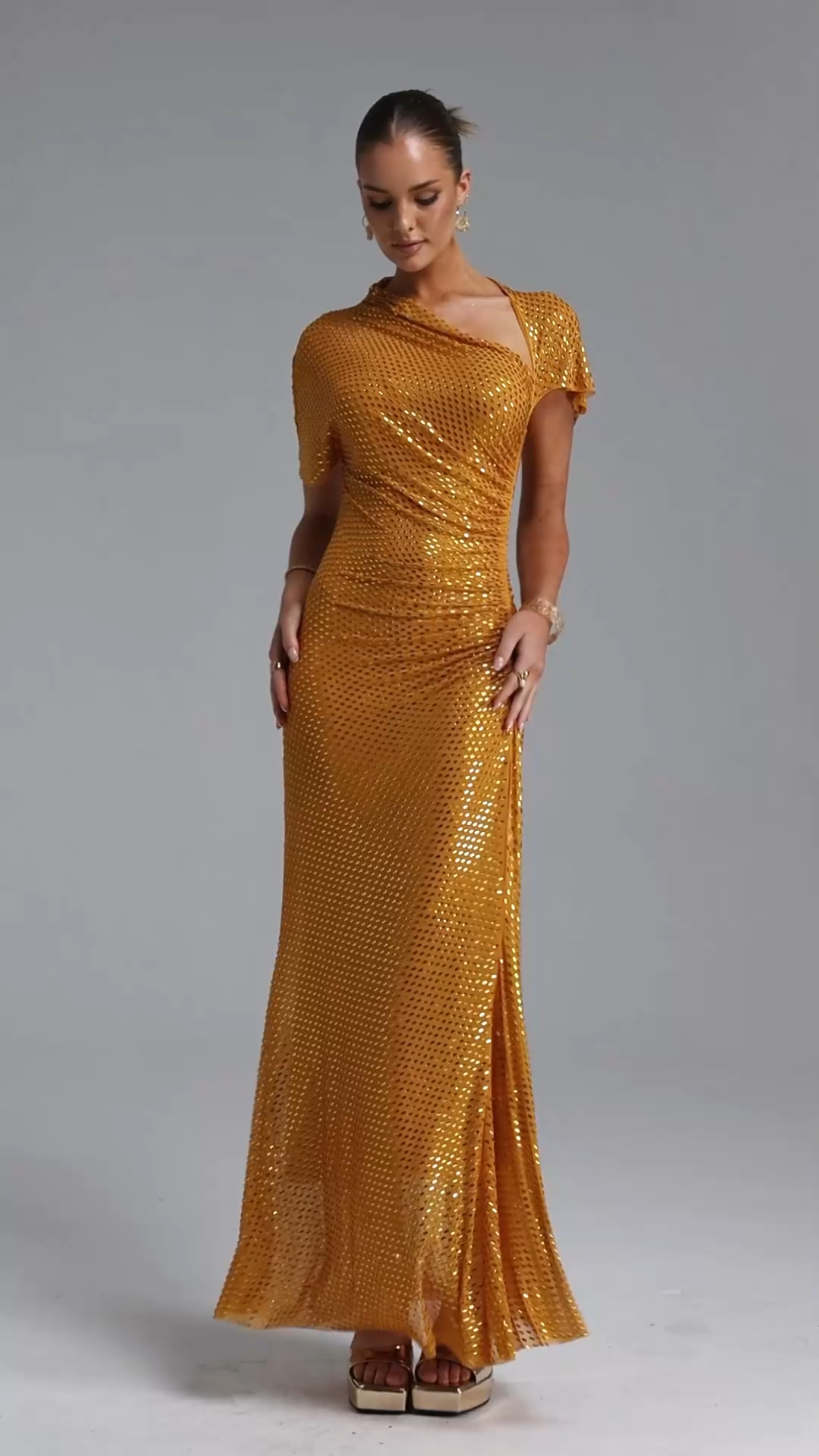 Pora Chic Contour Asymmetric Ruched Crystal Knit Yellow Maxi Dress