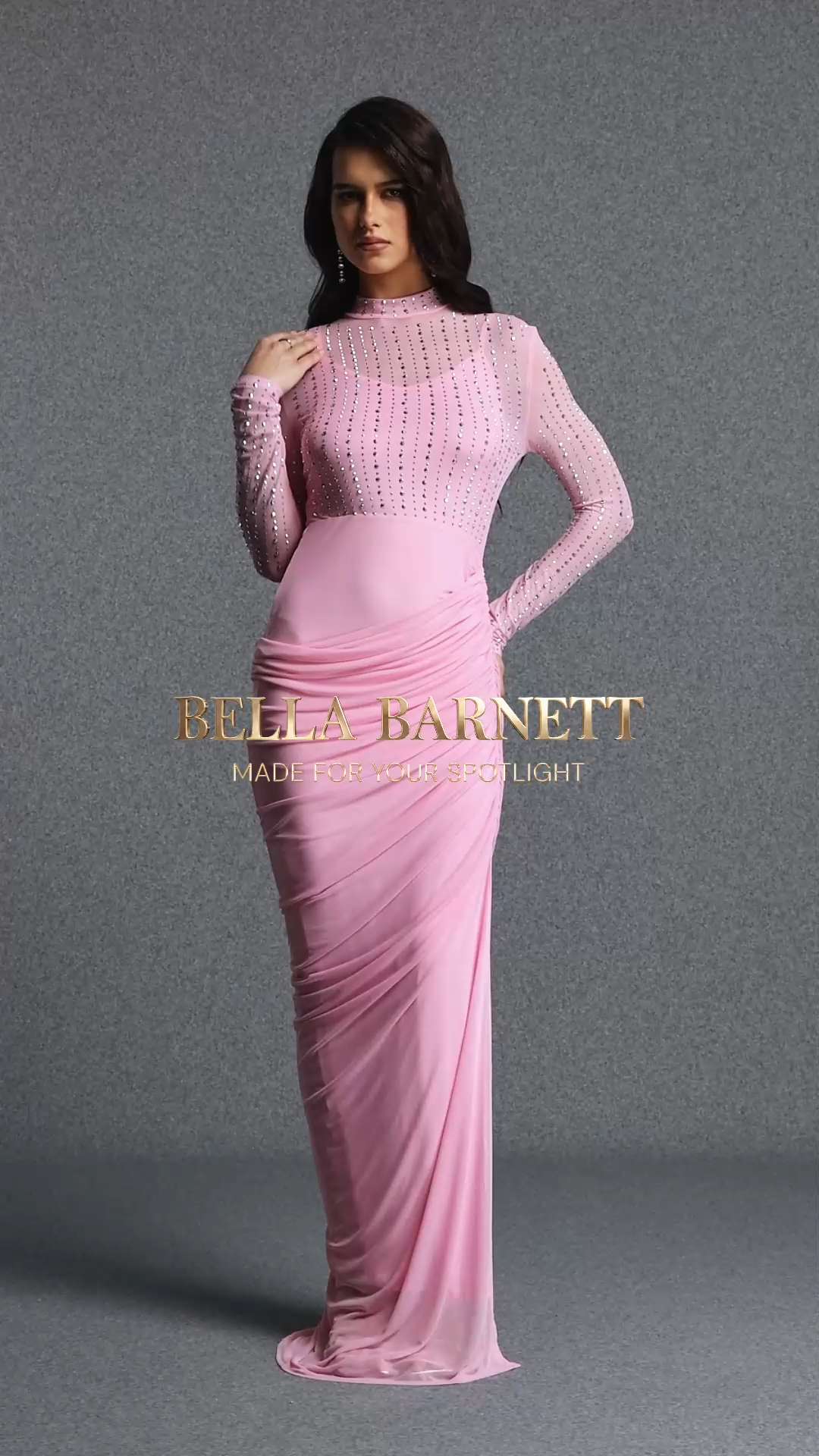 Vleah Elegant Contour High Neck Long Sleeve Rhinestone Ruched Woven Maxi Dress