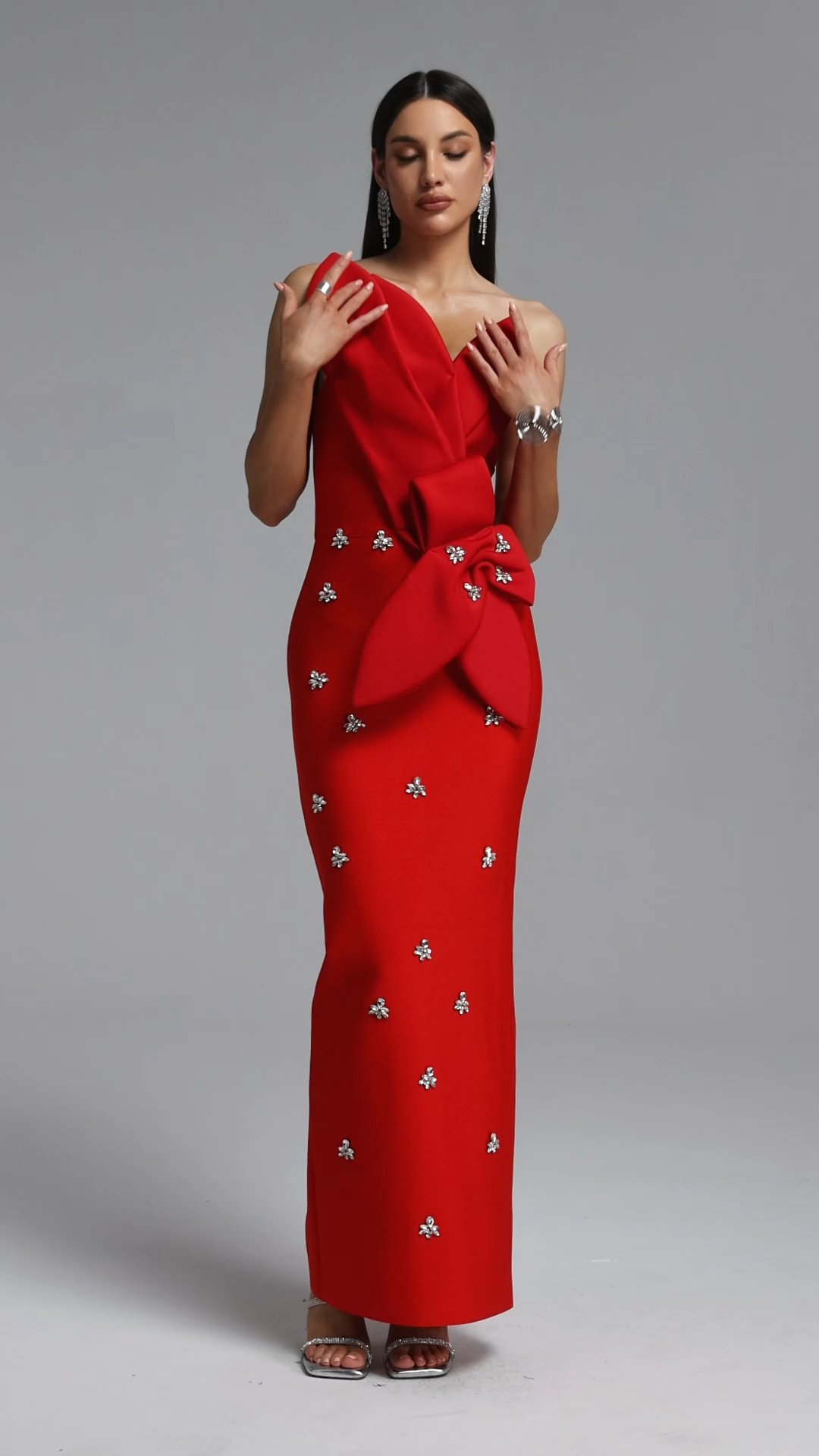 Ohney Chic Contour Strapless Asymmetric Rhinestone Red Maxi Dress