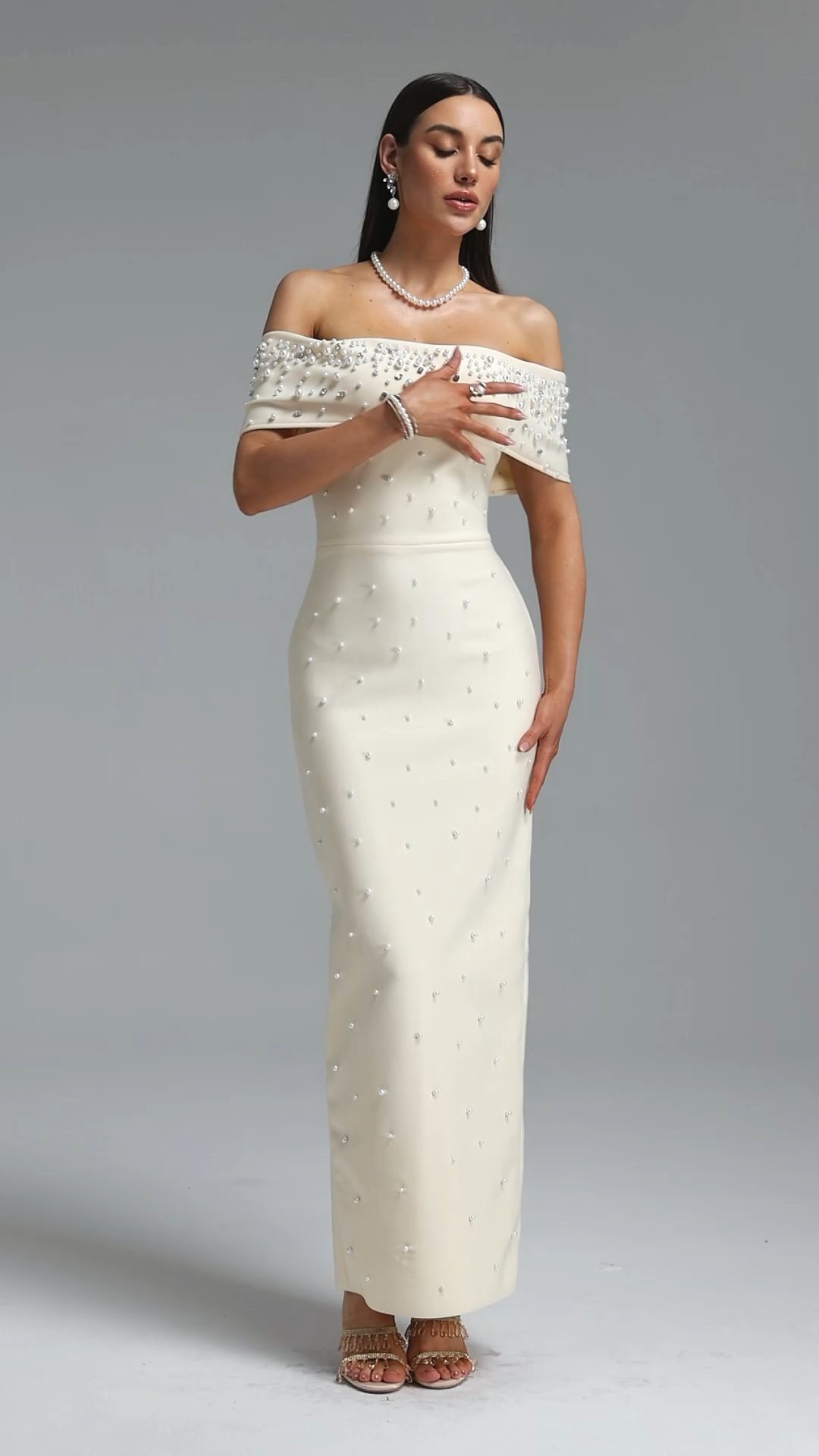 Isme Elegant Contour Off Shoulder Pearl Rhinestone Bandage Light Beige Maxi Dress