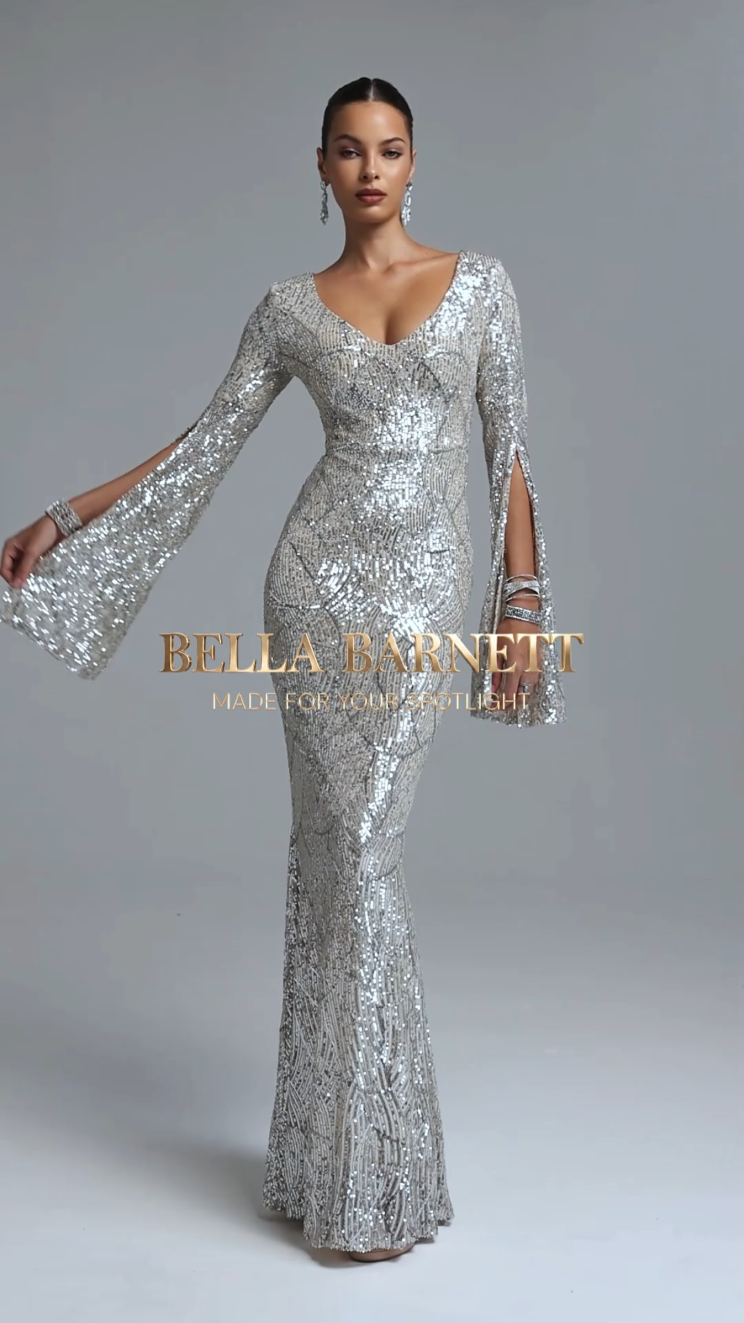 Lucki Elegant Contour V Neck Long Sleeve Sequin Silver Maxi Dress