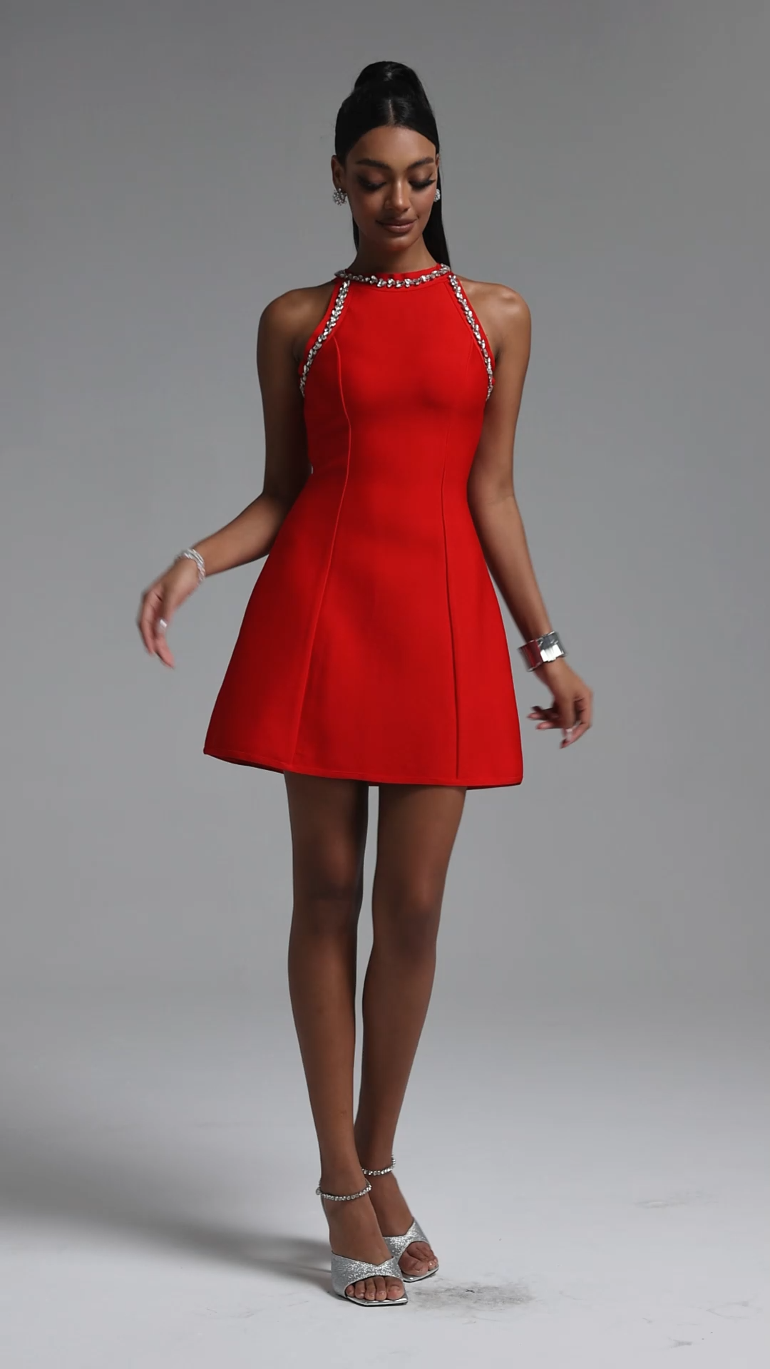 Sophie Minimalist Crew Neck Rhinestone Sleeveless Stretch Bandage Mini Dress