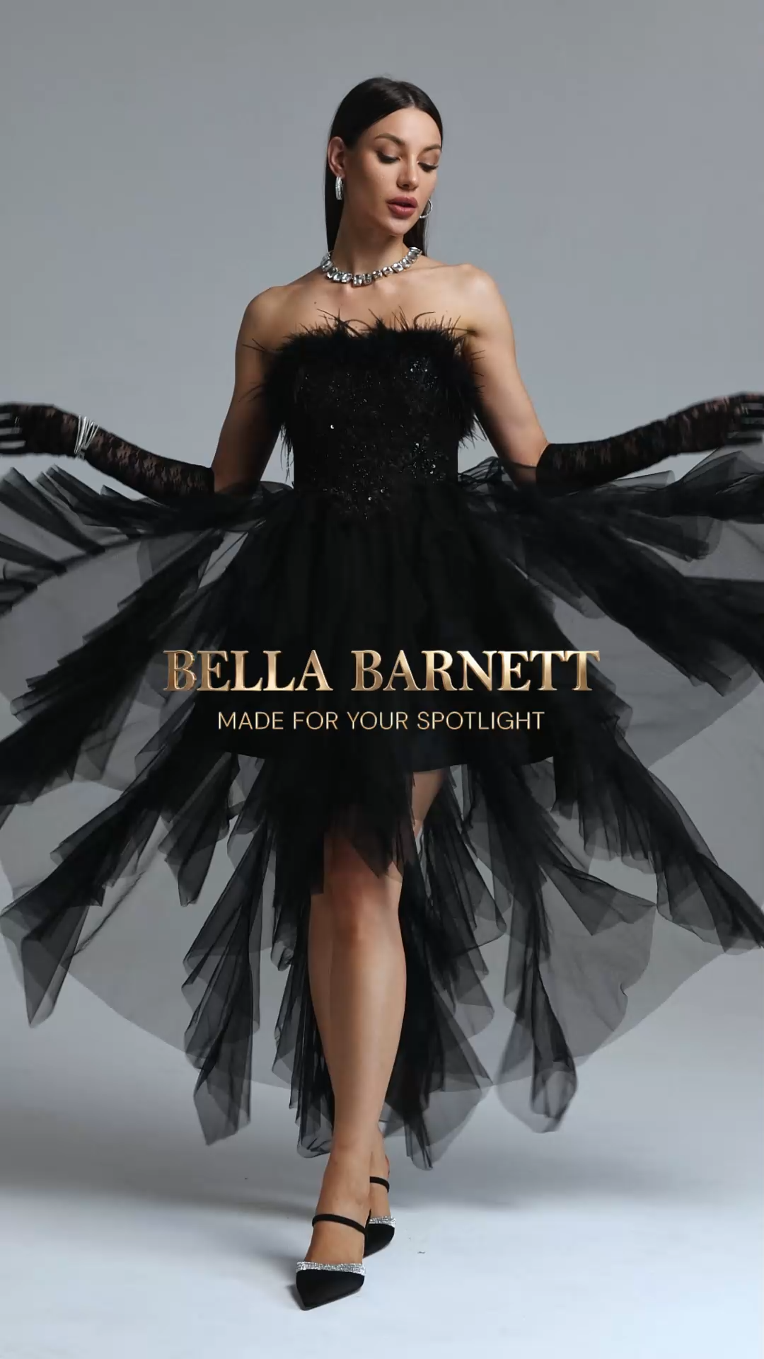 Ezra Sophisticated Cinched Waist Sequin Embroidered Feather Layered Tulle Midi Dress