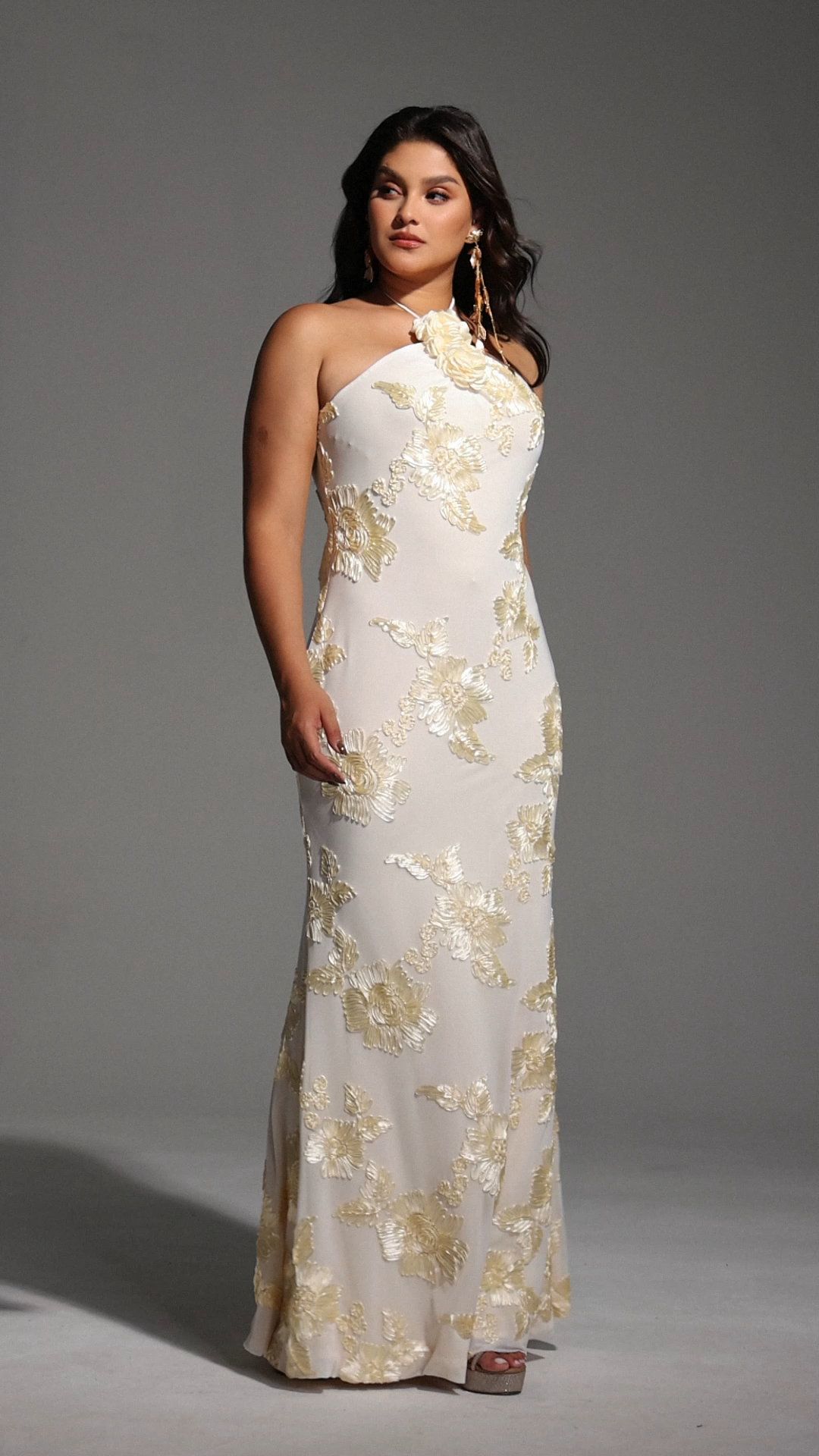 Griselda Flower Halter Embroidery Maxi Dress - White