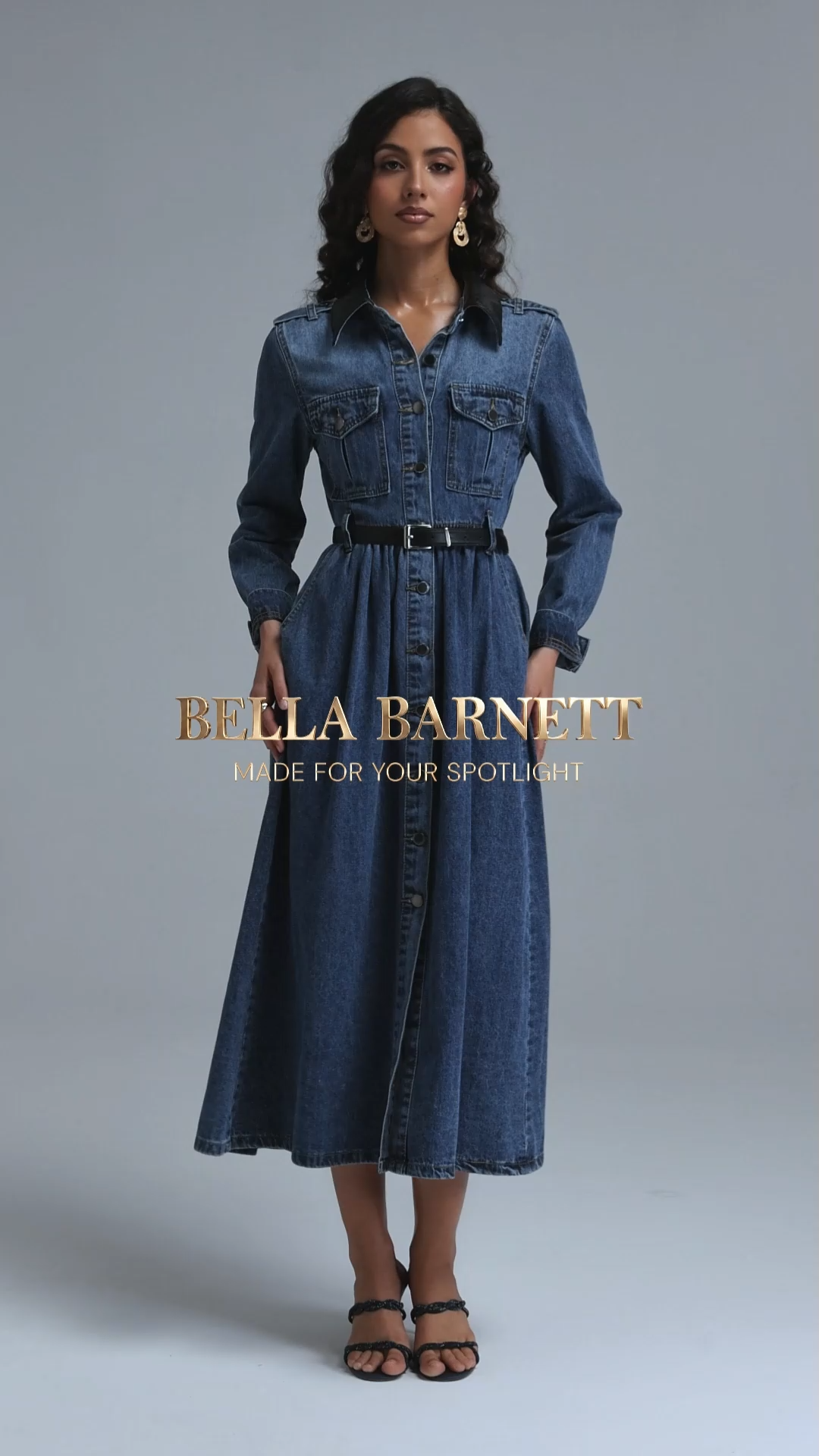 Kasuni Chic Tailored Contrast Collar Long Sleeve Denim Maxi Dress