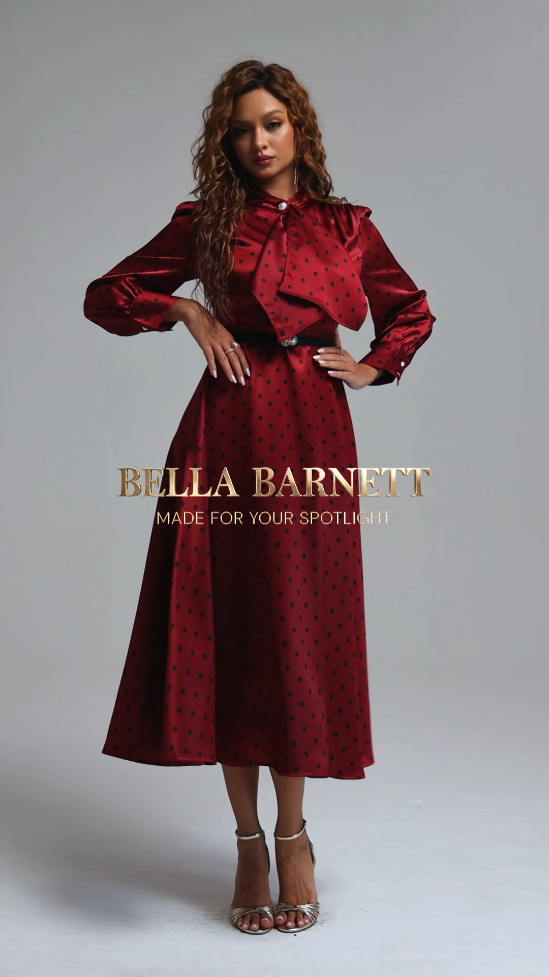Pelosy Vintage Tailored Long Sleeve Polka Dot Satin Red Maxi Dress