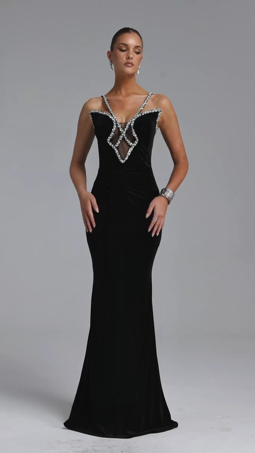 Tiana Glamorous Contour Halter Cut Out Rhinestone Velvet Maxi Dress