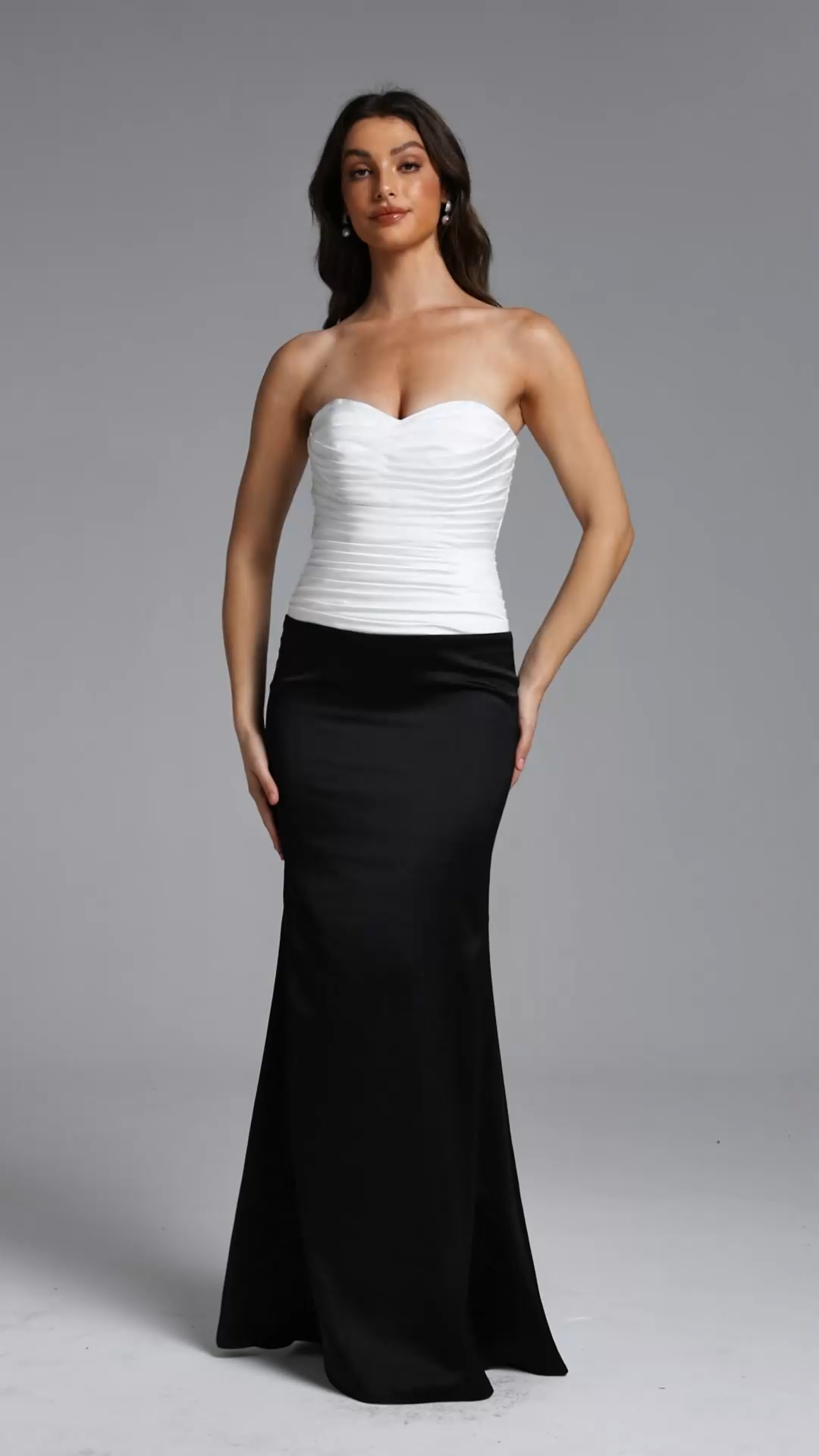 Diona Elegant Contour Strapless Pleated Contrast Satin Maxi Dress