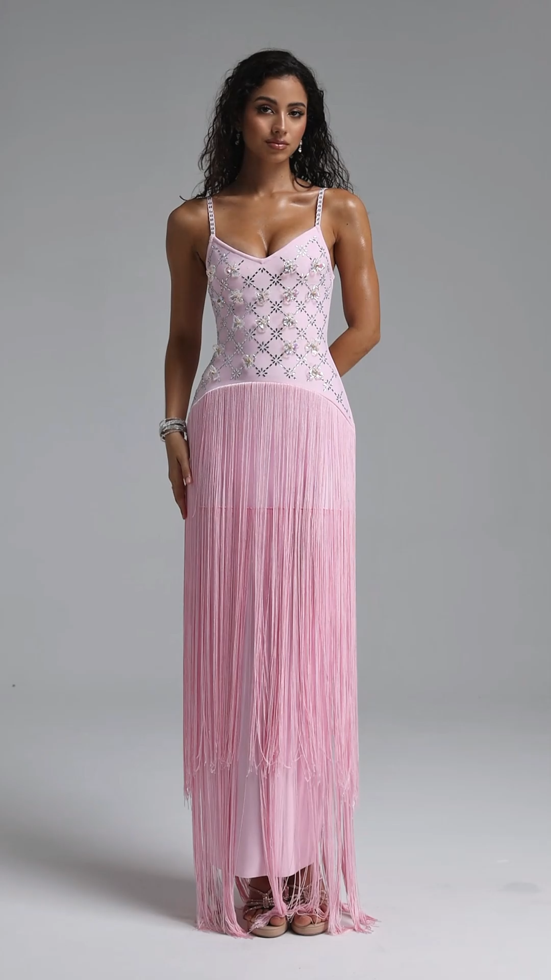 Kandiss Elegant Contour Strap Floral Rhinestone Fringe Pink Bandage Maxi Dress