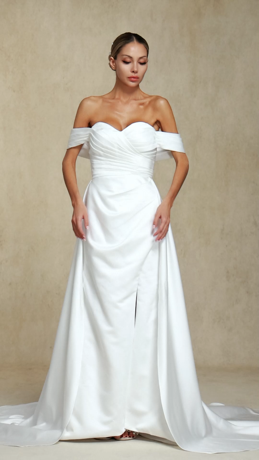 Tenley Satin off-the-shoulder slit maxi wedding dress with a tailline