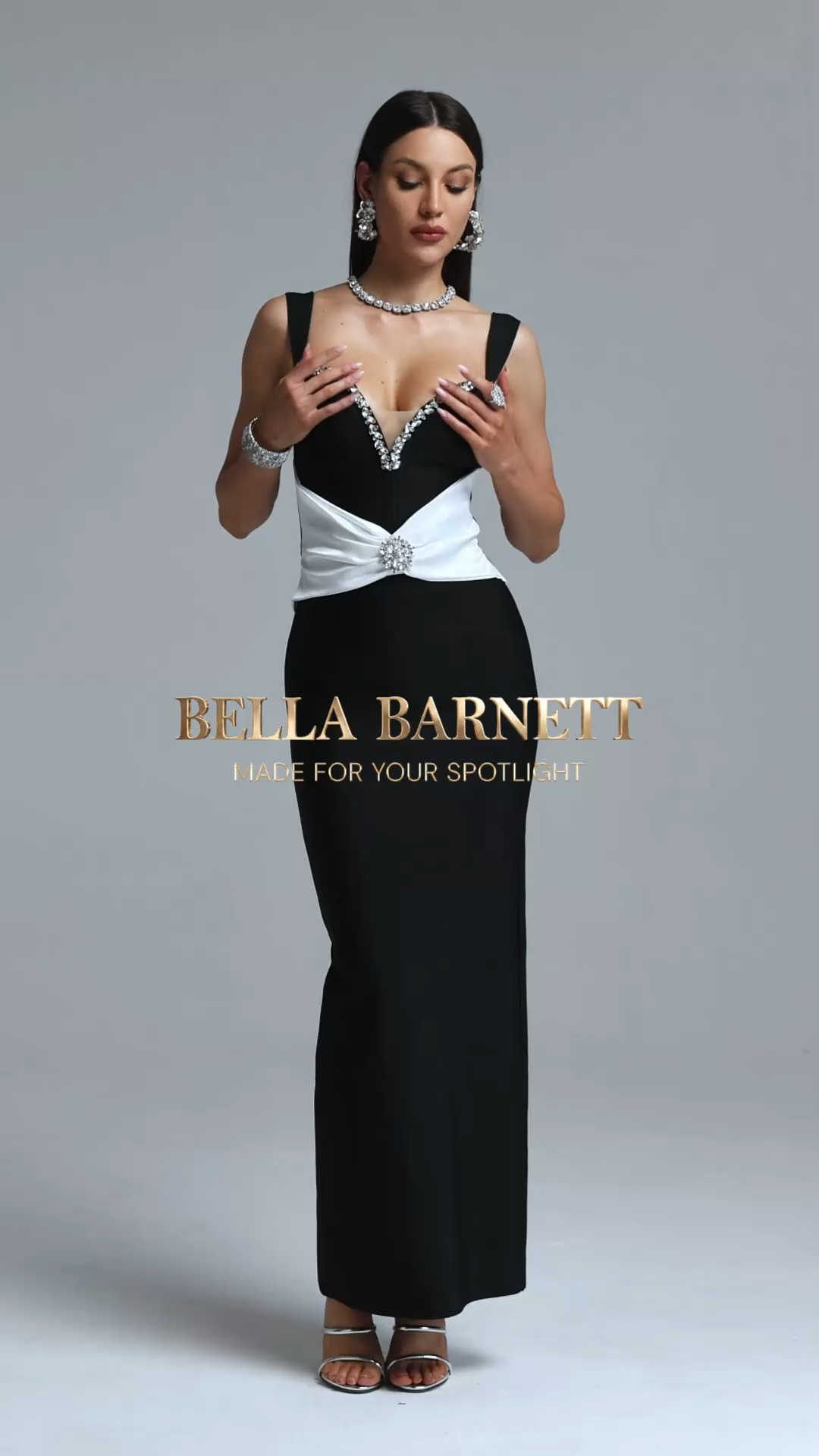 Vafa Elegant Contour Spaghetti Strap Rhinestone Embellished Bandage Maxi Dress