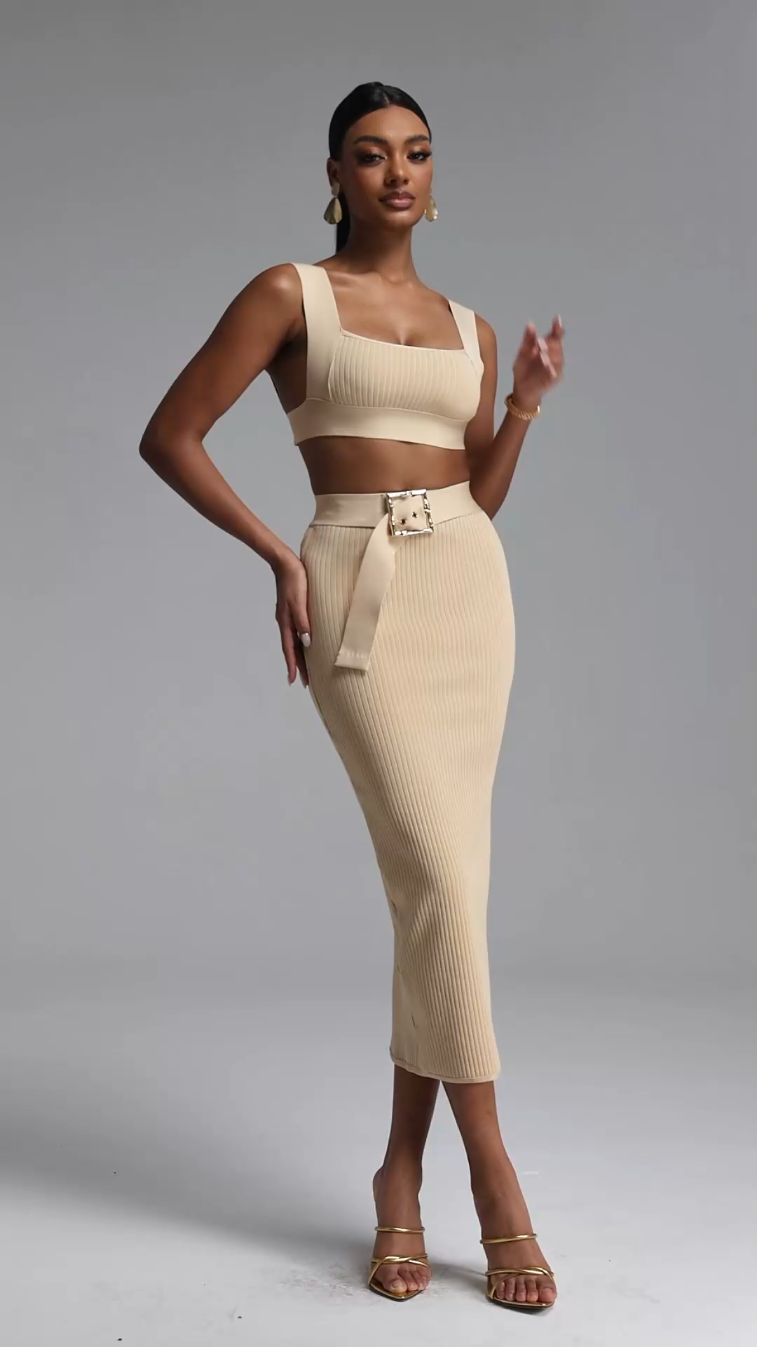 Hester Minimalist Contour Sleeveless Square Neck Knit Top and Skirt Set