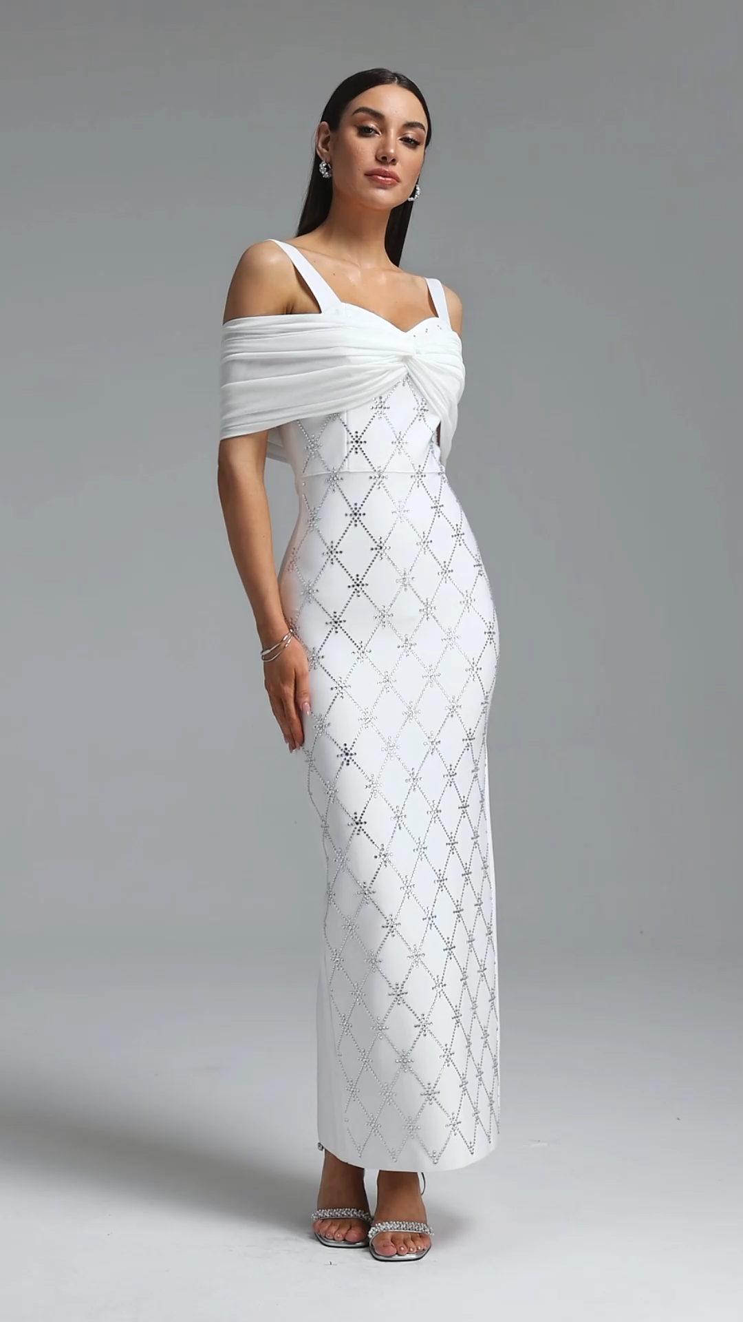 Zambezi Chic Contour Off Shoulder Twist Rhinestone Lattice Bandage Maxi Dress