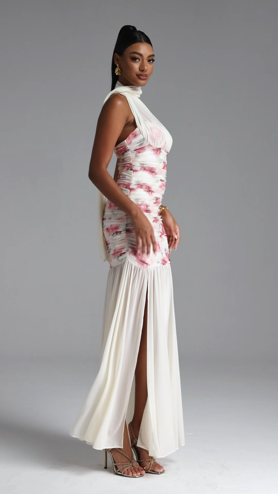 Margarete Romantic Contour Halter Ruched Floral Print Mesh Maxi Dress