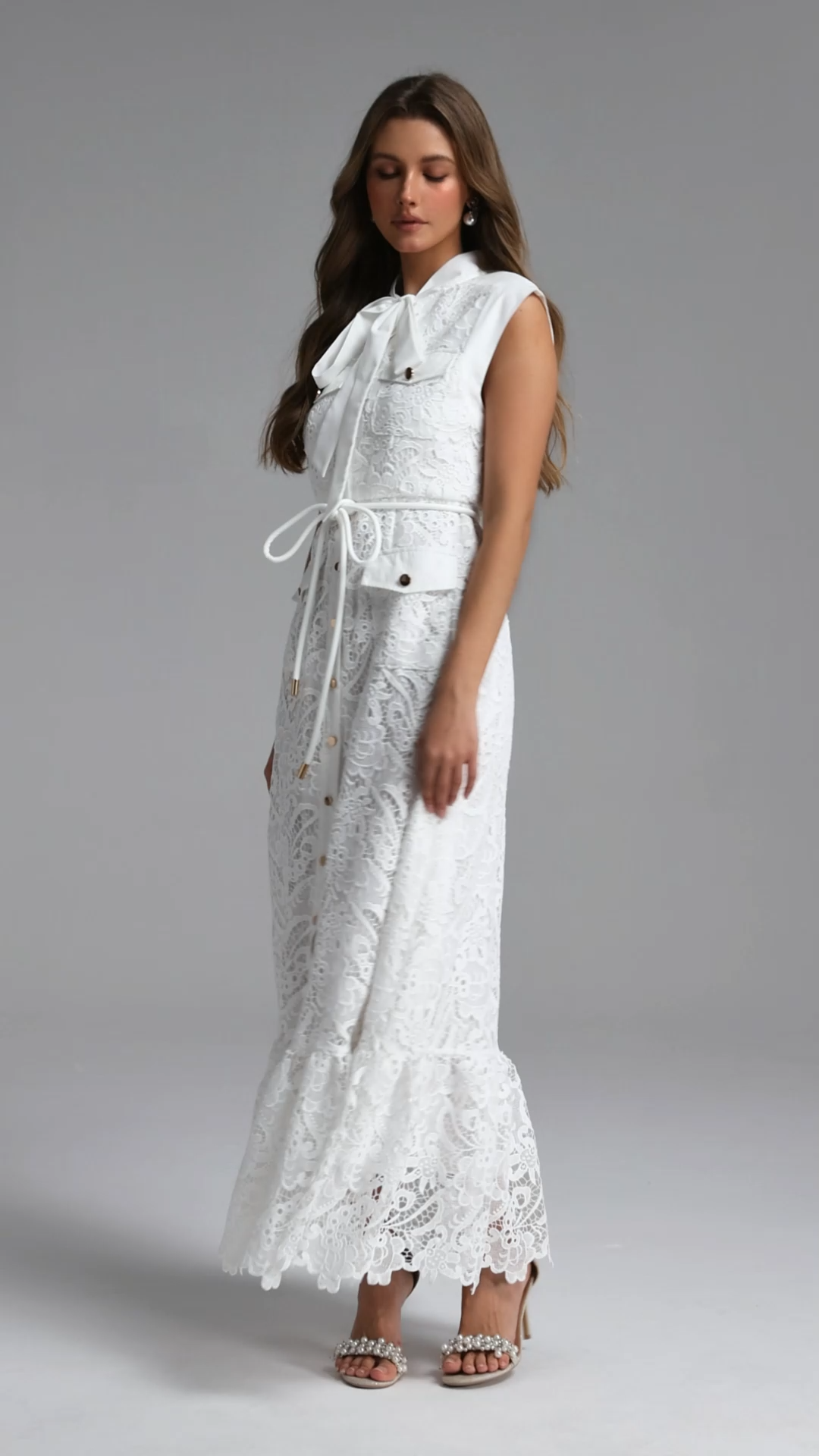 Ruthie Classic Tailored Sleeveless Bow Lace Maxi Dress