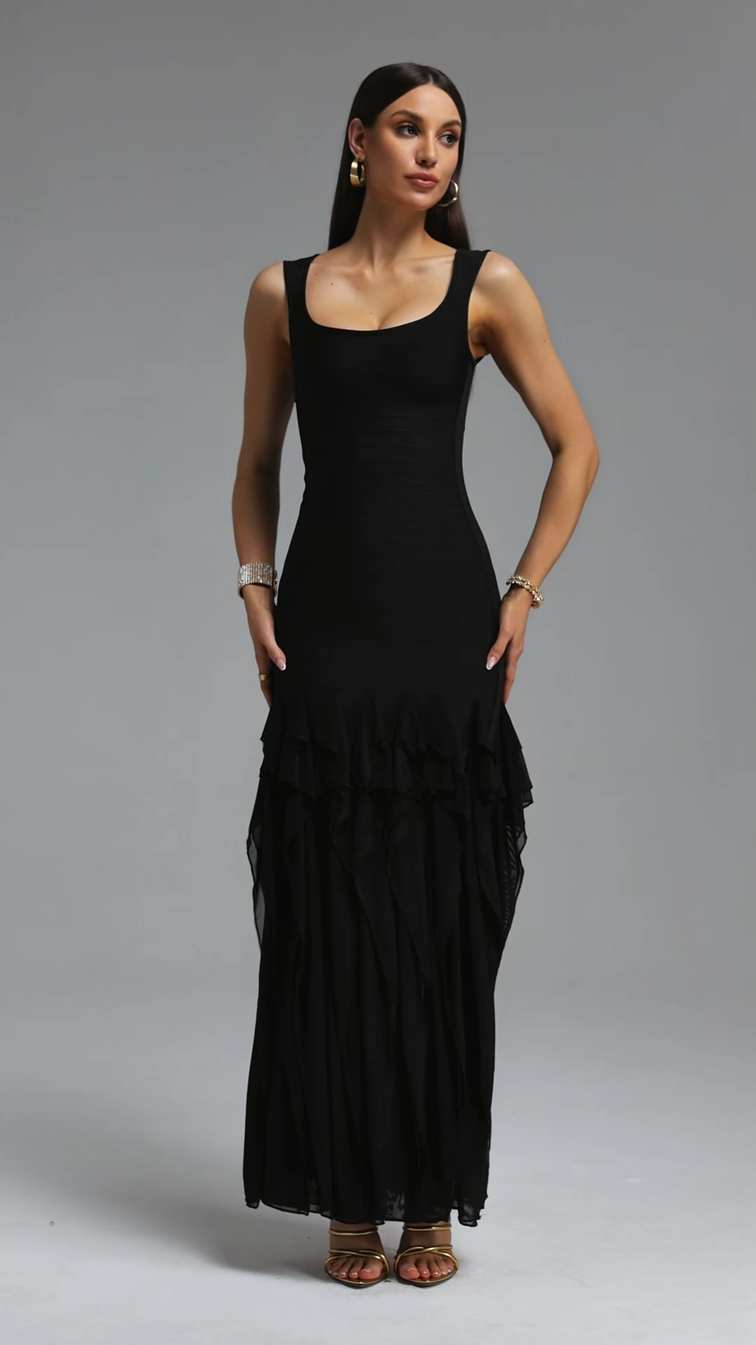 Inya Chic Contour Sheer Ribbon Stripe Black Bandage Maxi Dress