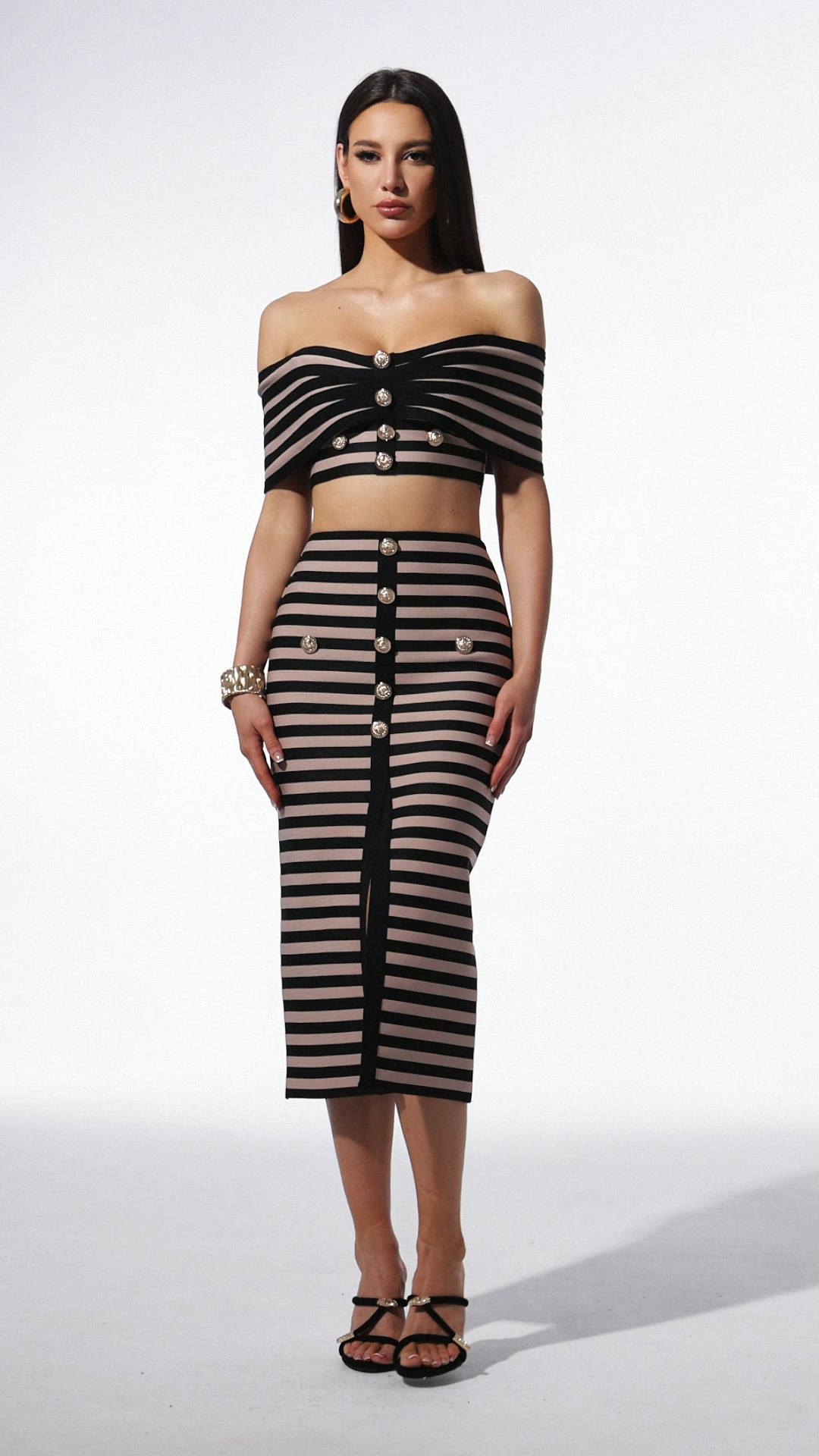 Lalipa Off-The-Shoulder Sleeveless Stripes Bandage Midi Two Piece Set