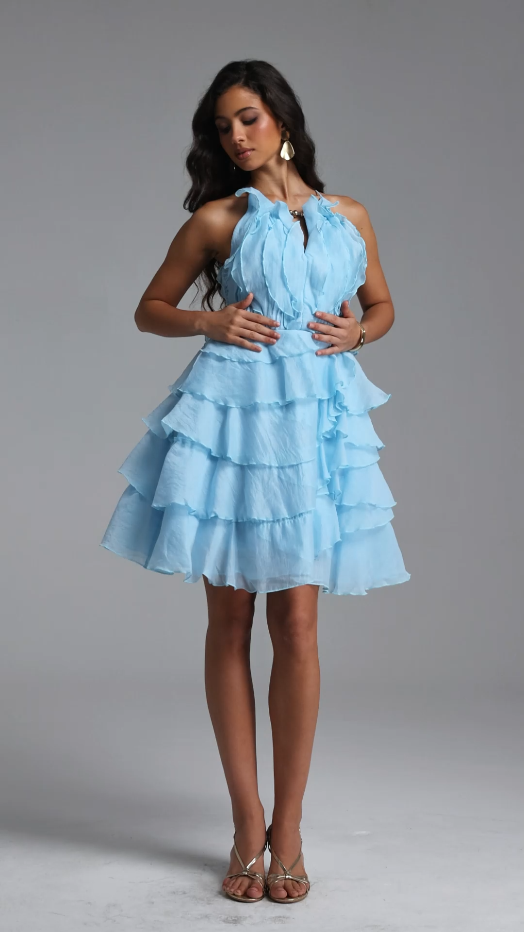 Tanisha Resort Flowy Sleeveless Ruffle Woven Blue Mini Dress Ruffle Woven Mini Dress