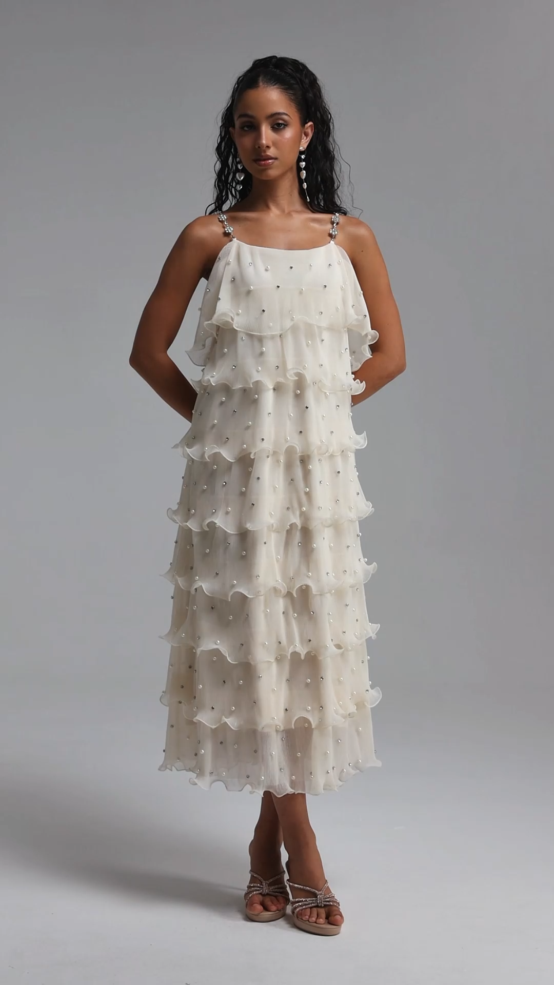 Uerzay Elegant Contour Rhinestone Spaghetti Strap Tiered Ruffle Pearl Woven Maxi Dress