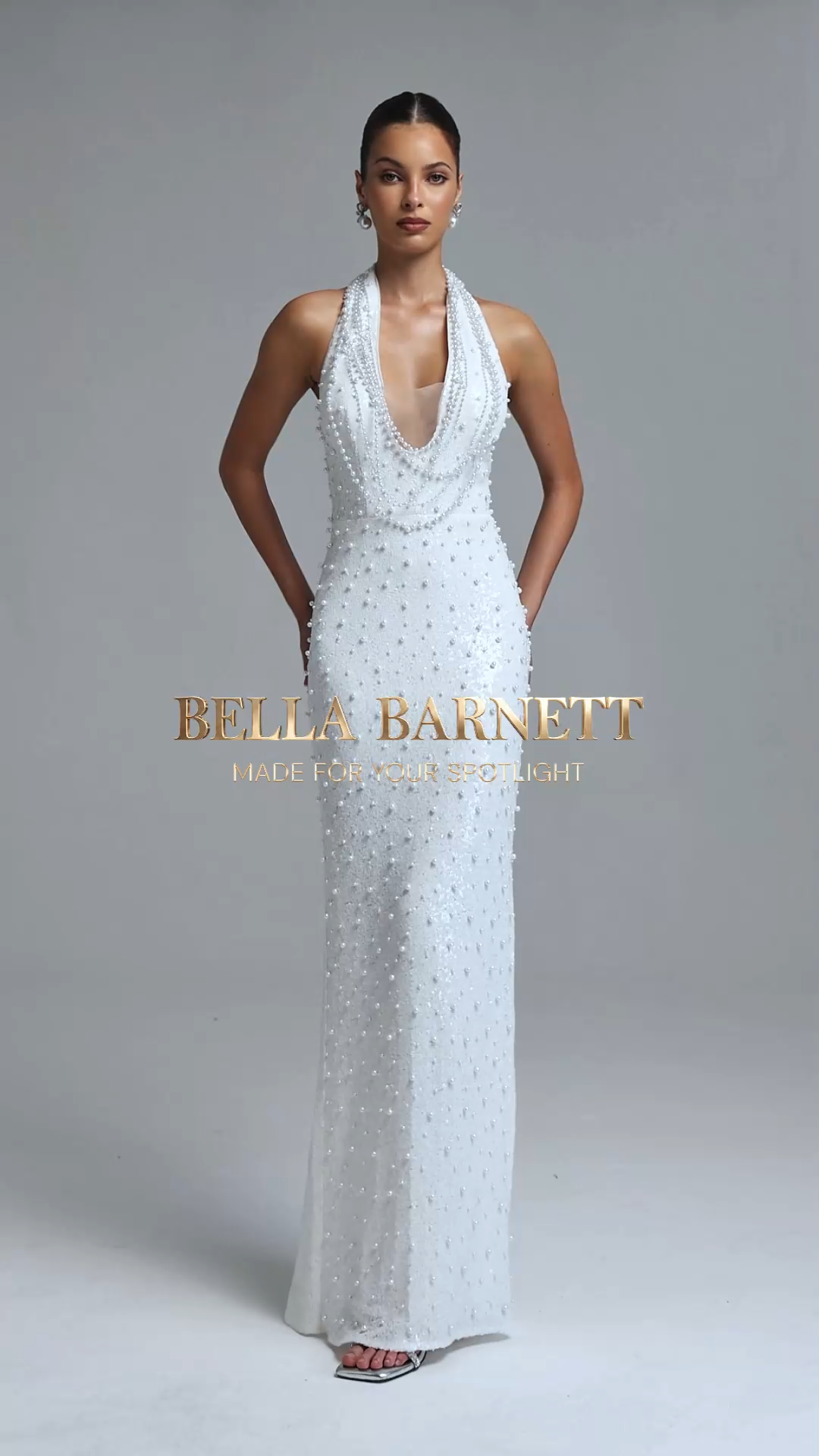 Jaelyn Elegant Fitted Halter V Neck Pearl Slit Maxi Dress