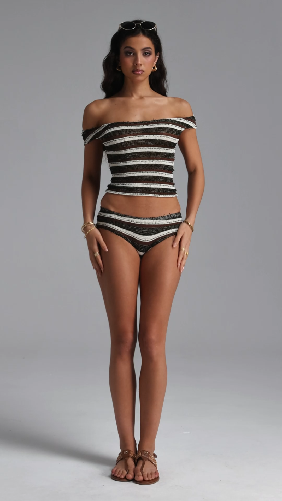 Sliye Sexy Contour Off Shoulder Stripe Knit Top And Shorts Two Piece Set