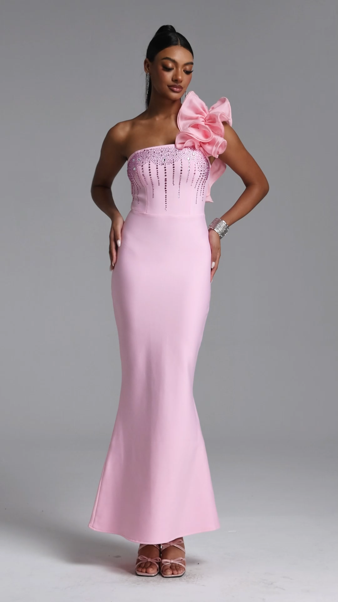 Saslim Romantic Contour One Shoulder Crystal Bandage Maxi Dress