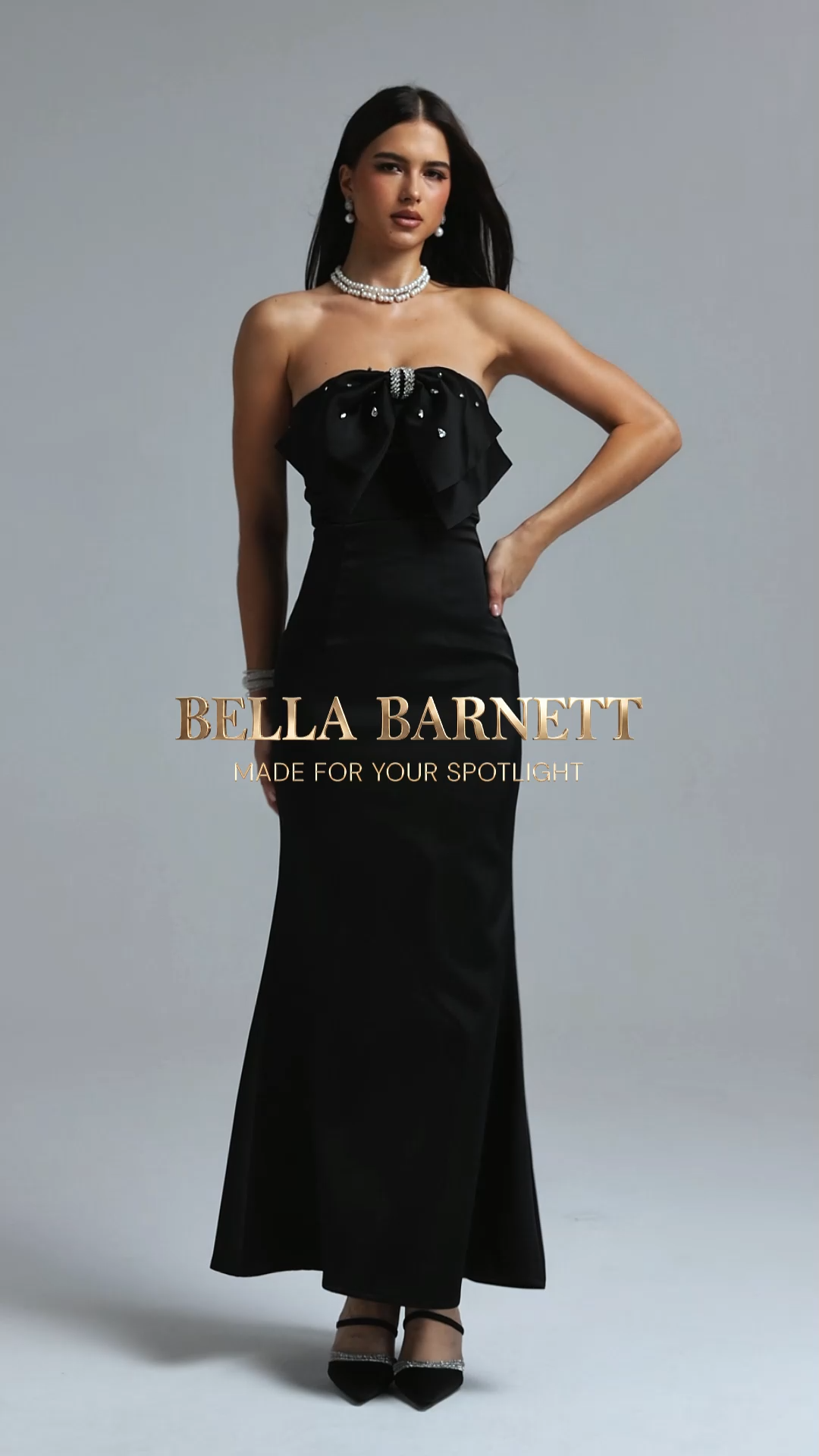 Syre Classic Tailored Strapless Bow Rhinestone Maxi Dress