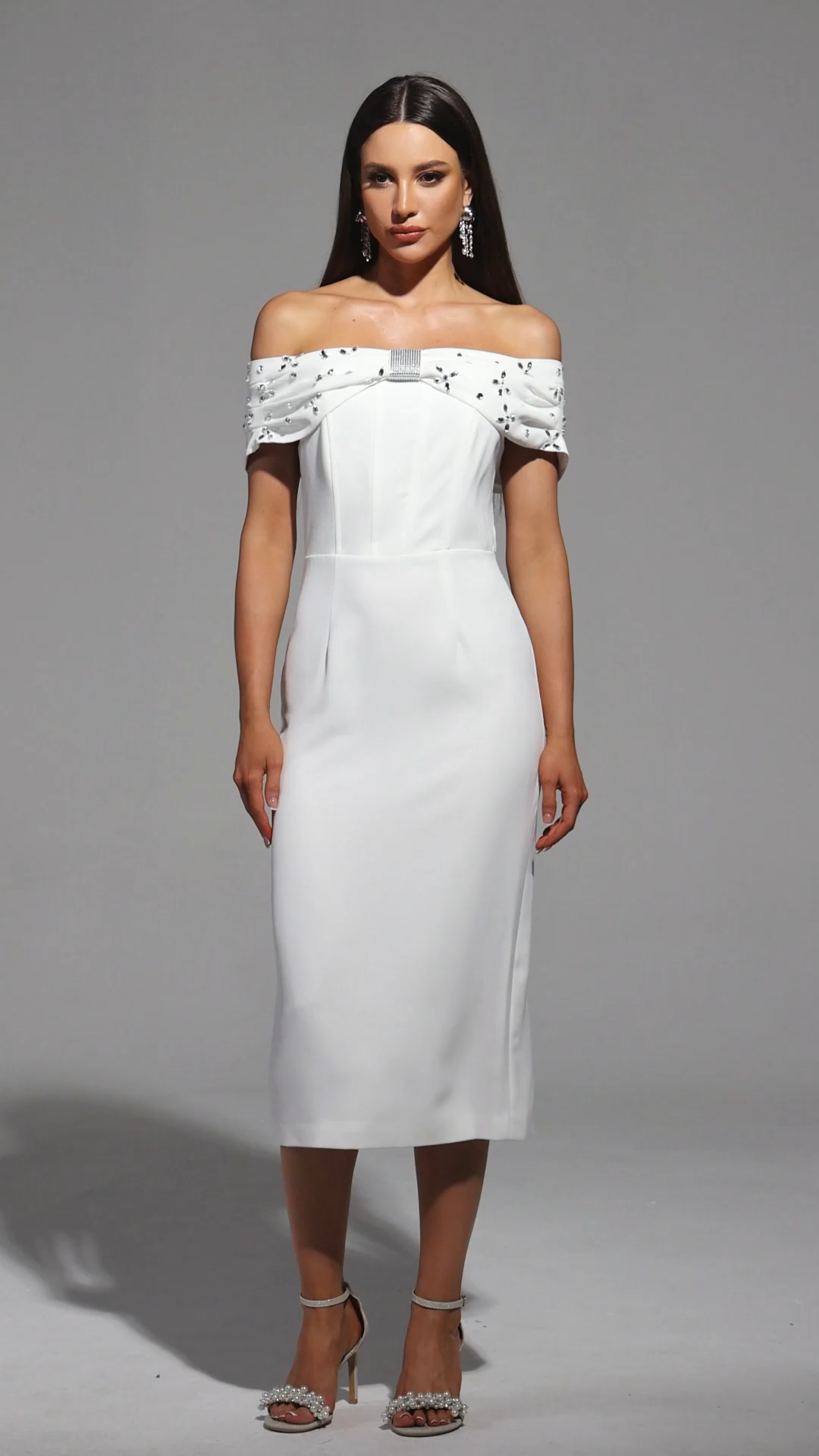 Rosie Sleeveless Off The Shoulder Diamond Bandage Midi Dress