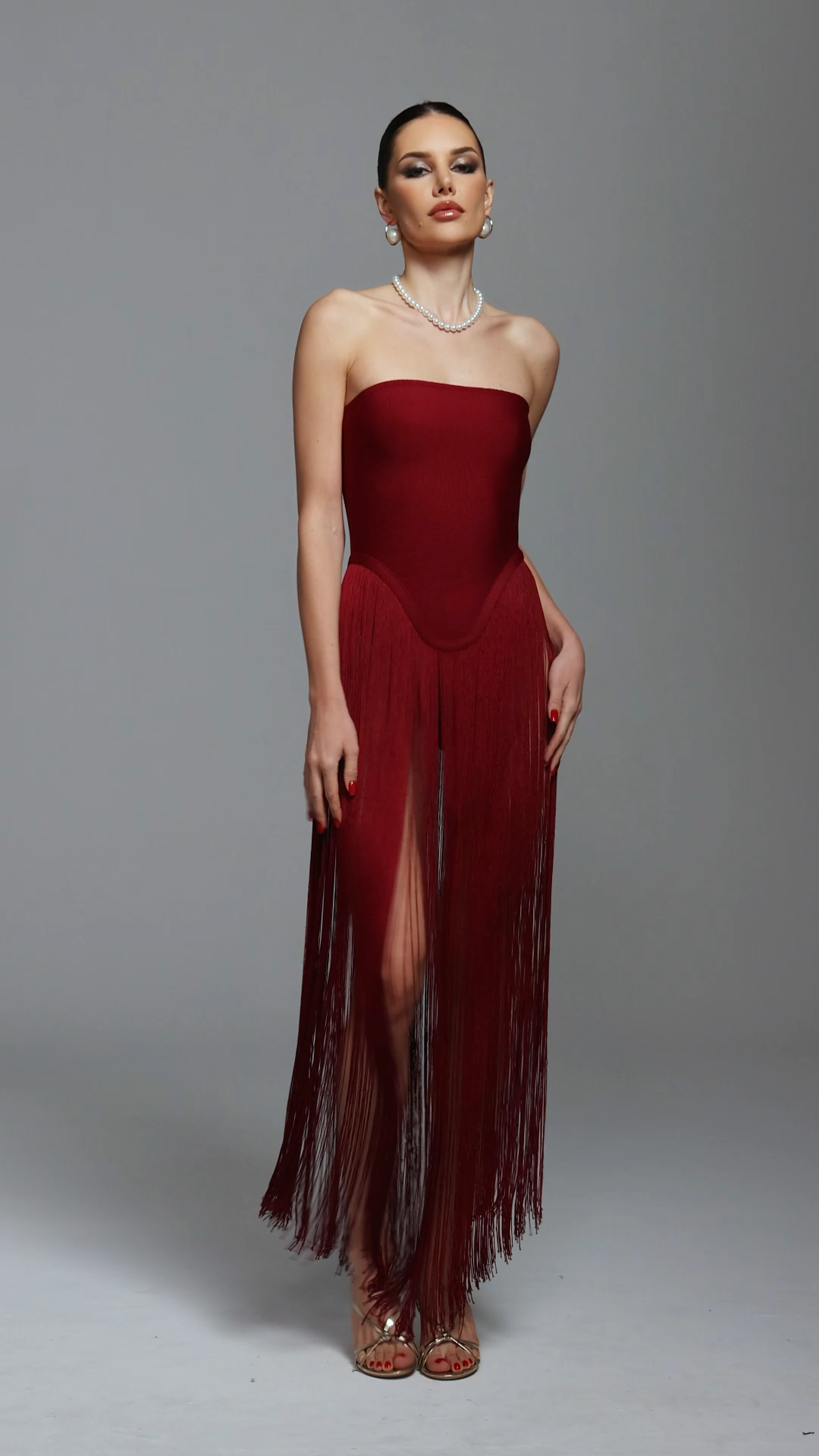 Valentina Strapless Purplish Red Fringe Dress