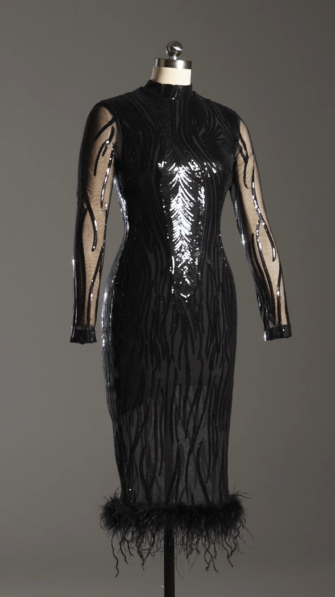 Edda Sexy Contour Long Sleeve Feather Sequin Mesh Midi Dress