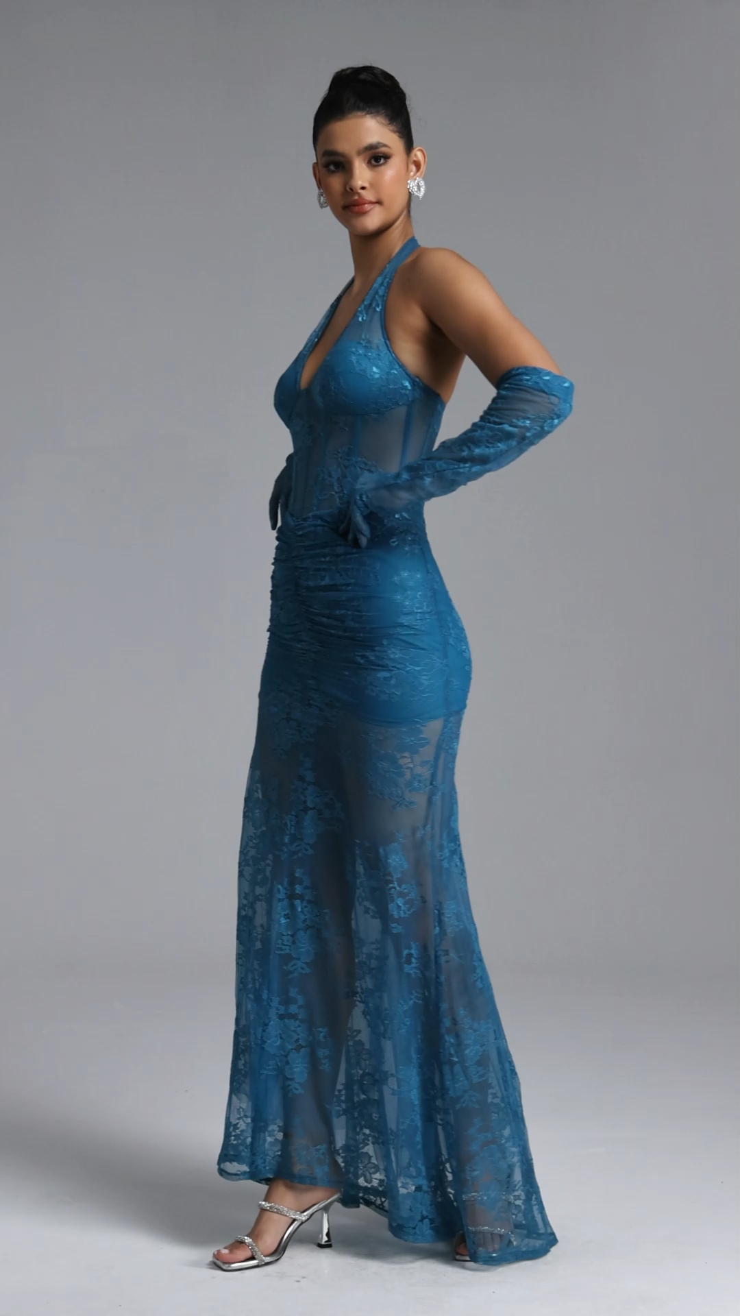 Jensen Chic Contour Halter Ruched Lace Maxi Dress