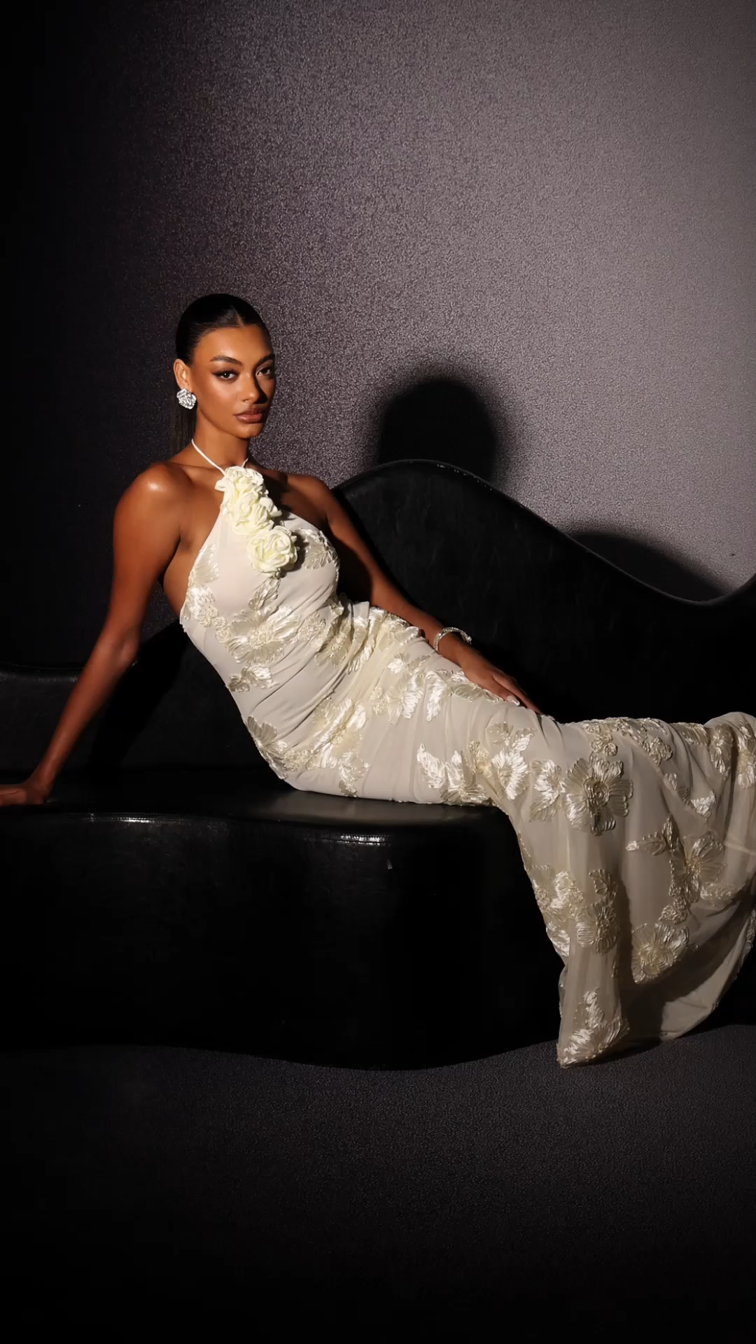 Griselda Flower Halter Embroidery Maxi Dress - White