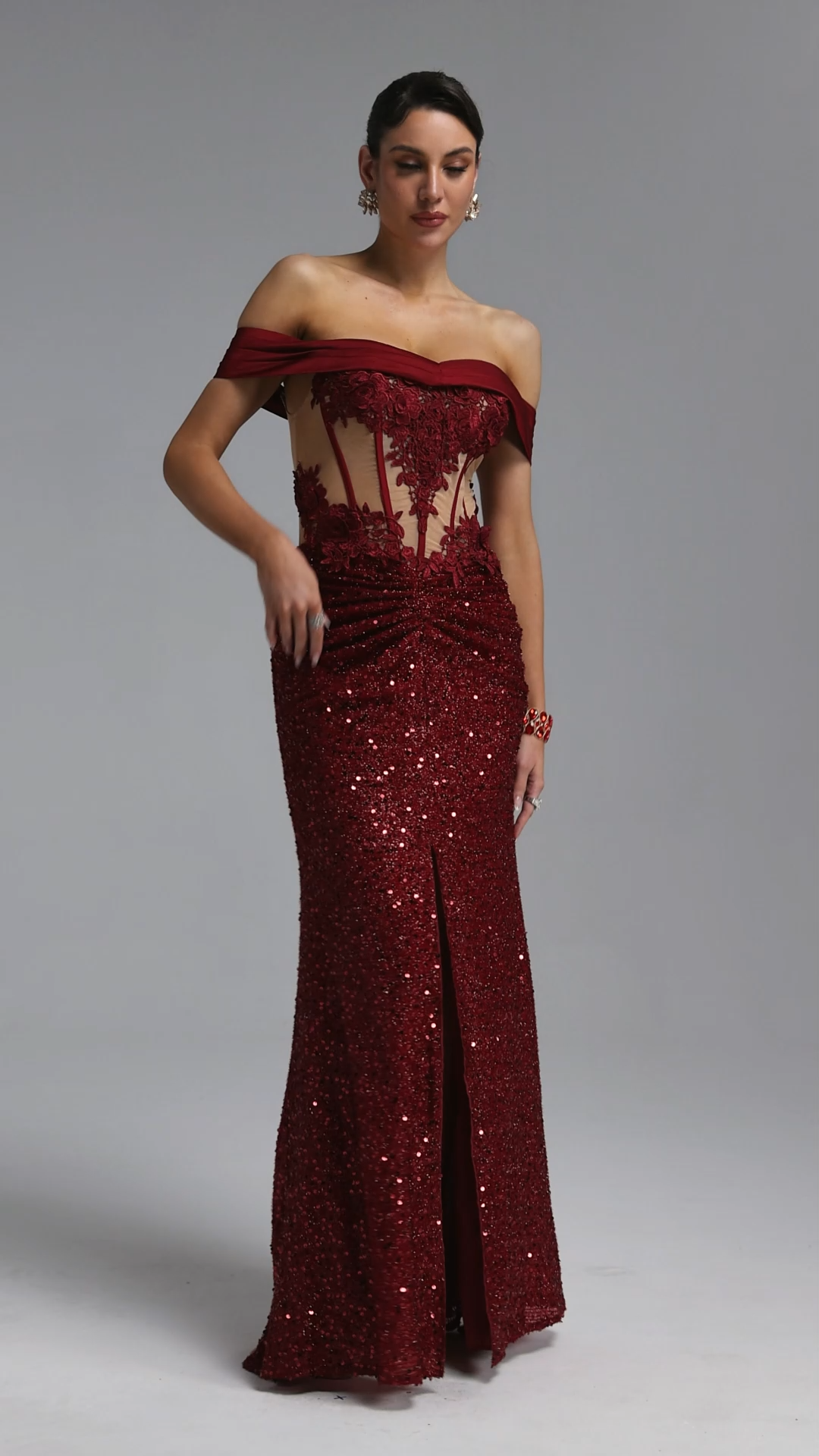 Panra Classic Off Shoulder Lace Sequin Slit Maxi Dress