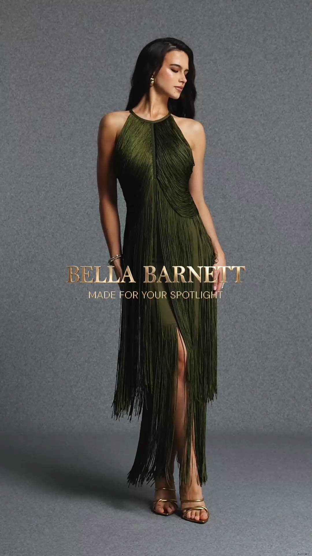 Taye Classic Contour Halter Fringe Bandage Green Maxi Dress