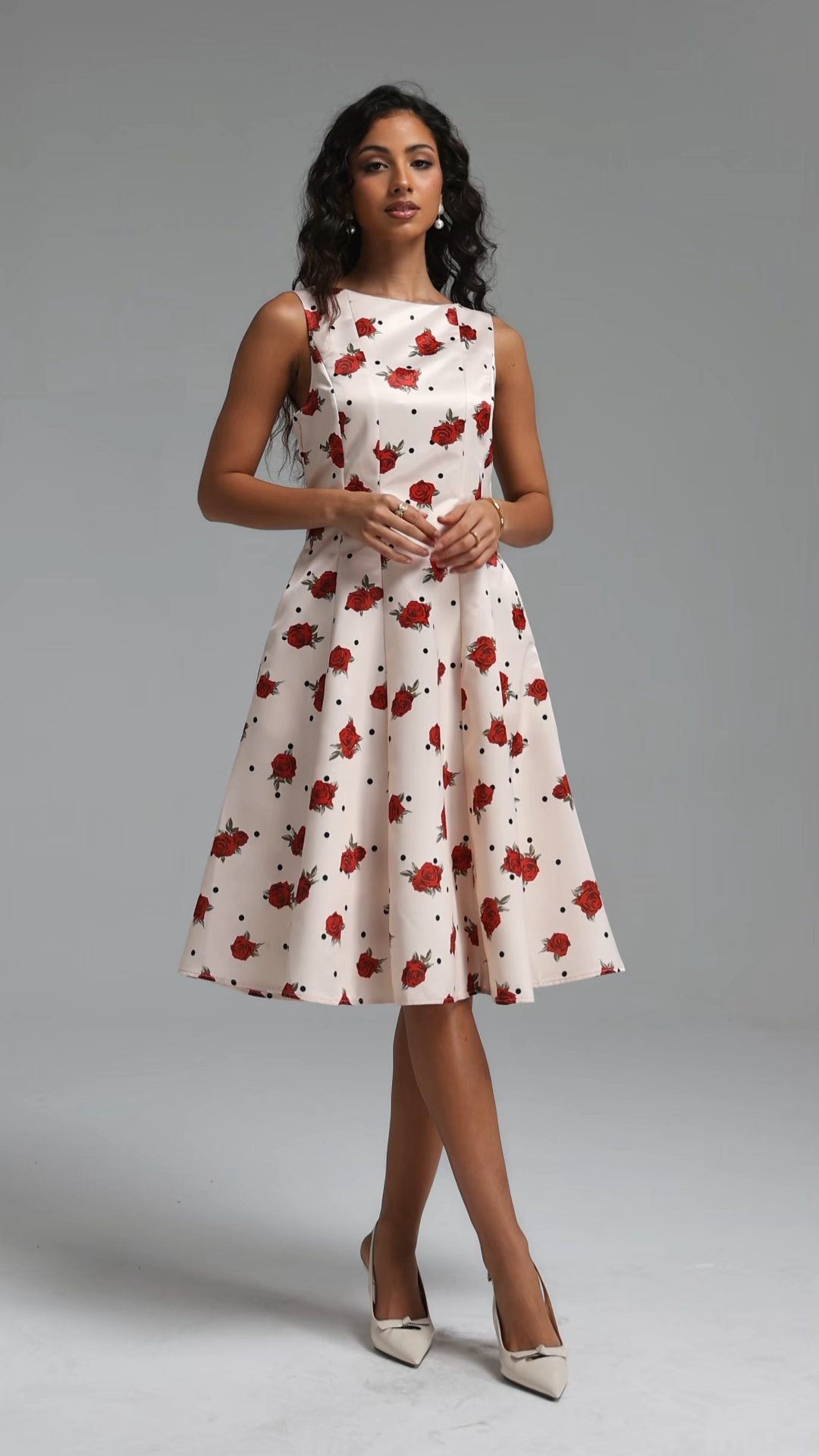 Edan Elegant Tailored Sleeveless Floral Print Satin Midi Dress