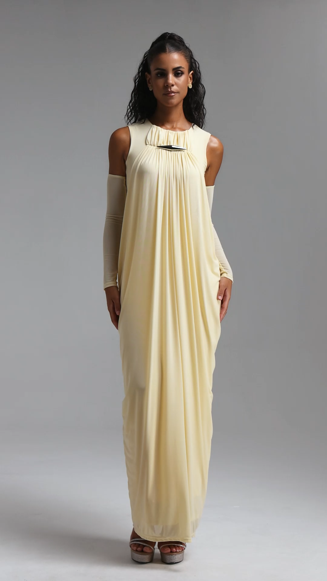 Marlene Minimalist Flowy Sleeveless Metal Trim Ruched Maxi Dress